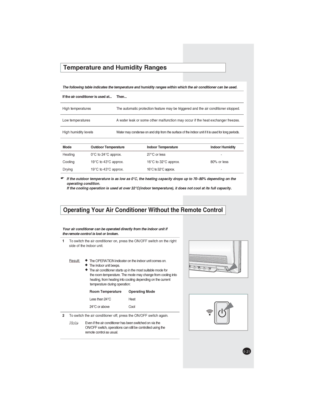 Samsung AQ09NLNSER, AQ09NLXSER Temperature and Humidity Ranges, Operating Your Air Conditioner Without the Remote Control 