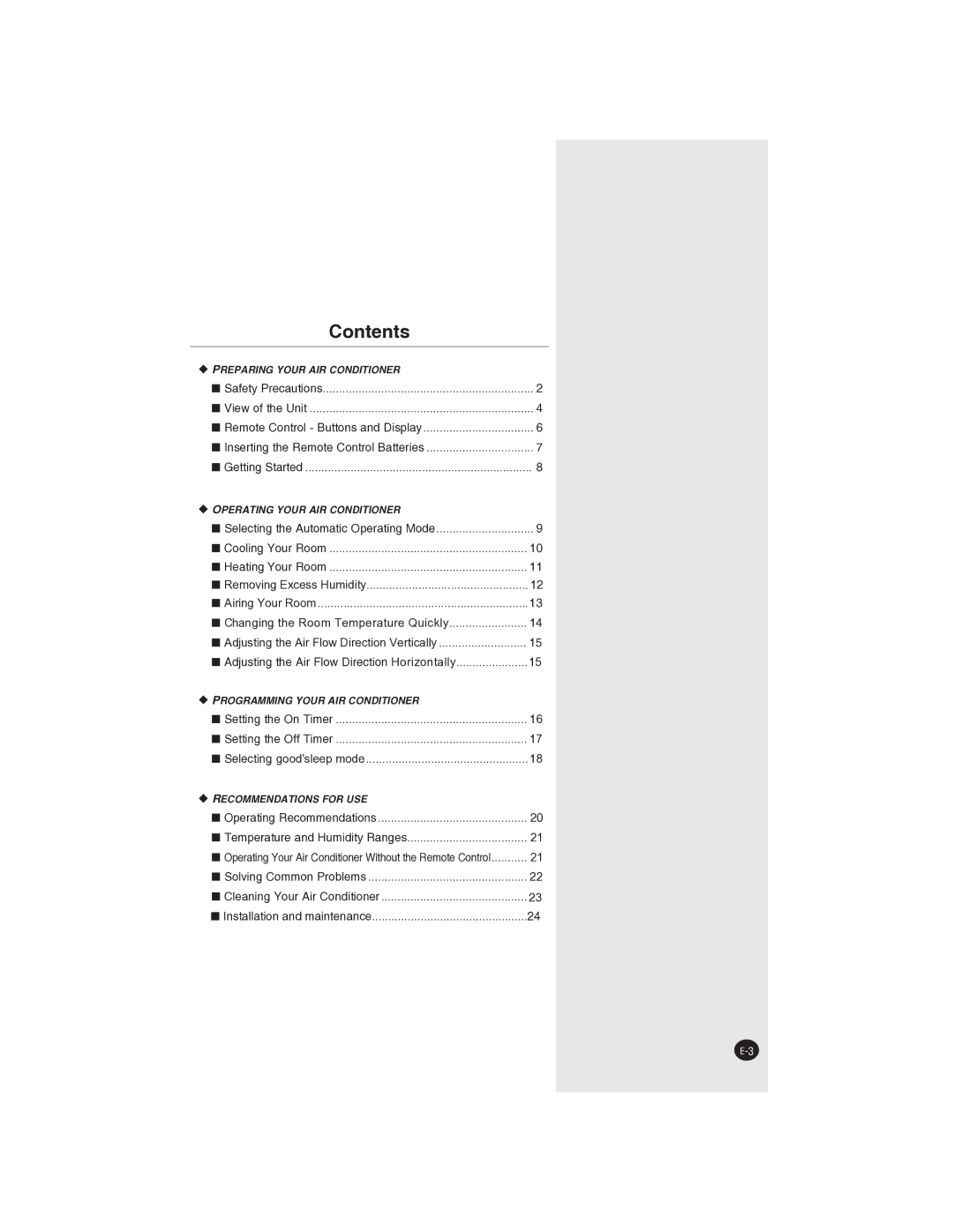 Samsung AQ09NLNSER, AQ09NLXSER manual Contents 