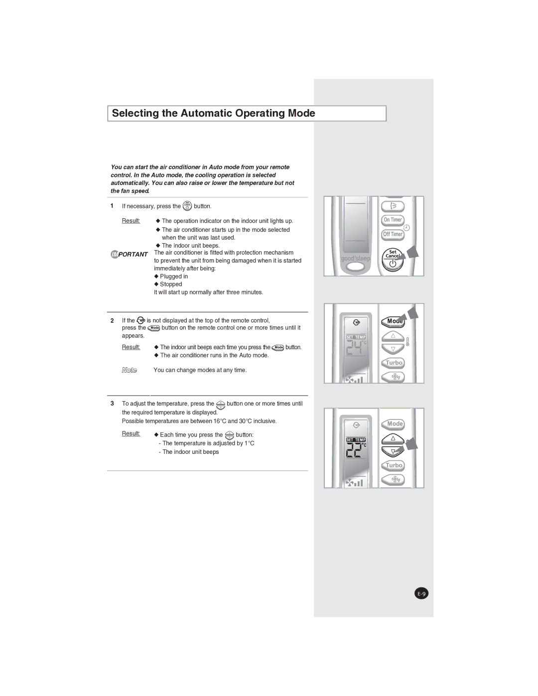 Samsung AQ09NLNSER, AQ09NLXSER manual Selecting the Automatic Operating Mode 