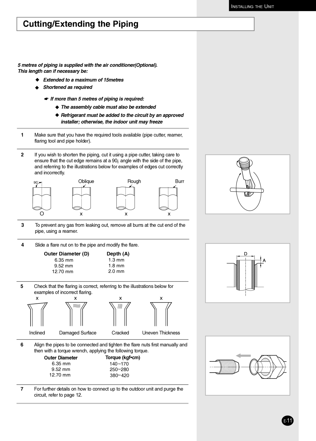 Samsung AQ09NLNSER, AQ09NLXSER manual Cutting/Extending the Piping, Depth a 