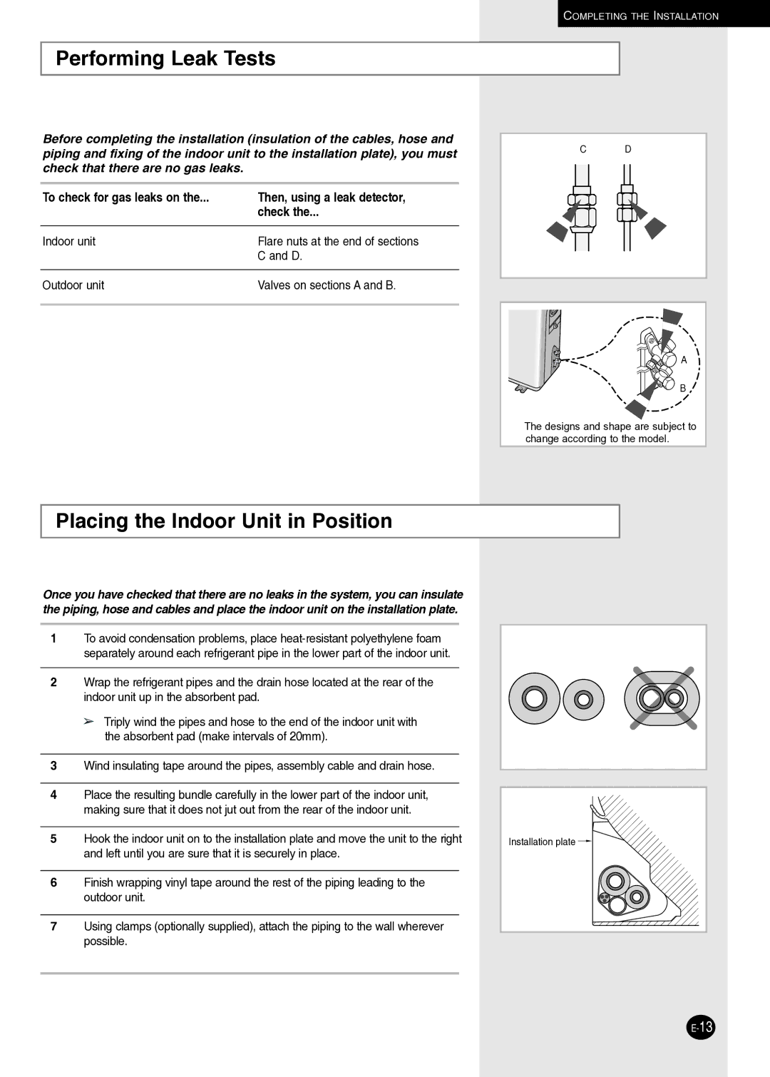 Samsung AQ09NLNSER, AQ09NLXSER manual Performing Leak Tests, Placing the Indoor Unit in Position 