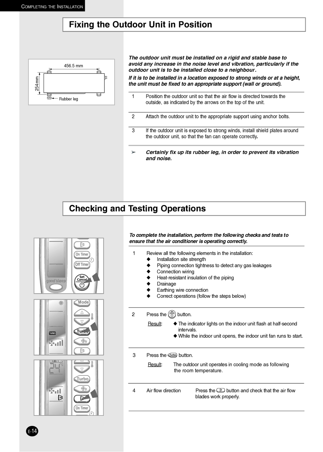 Samsung AQ09NLXSER, AQ09NLNSER manual Fixing the Outdoor Unit in Position, Checking and Testing Operations 