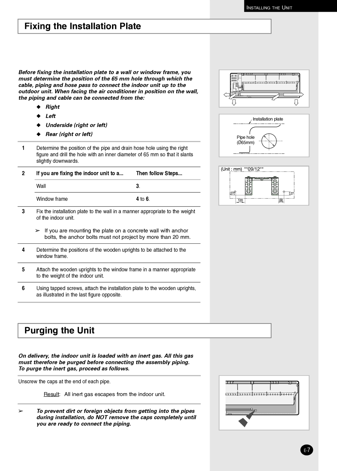 Samsung AQ09NLNSER, AQ09NLXSER manual Fixing the Installation Plate, Purging the Unit, Then follow Steps 