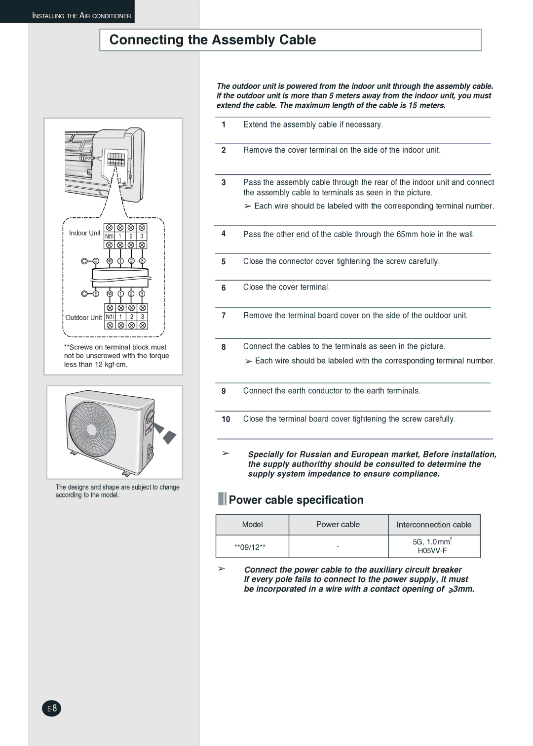 Samsung AQ09NLXSER, AQ09NLNSER manual Connecting the Assembly Cable 