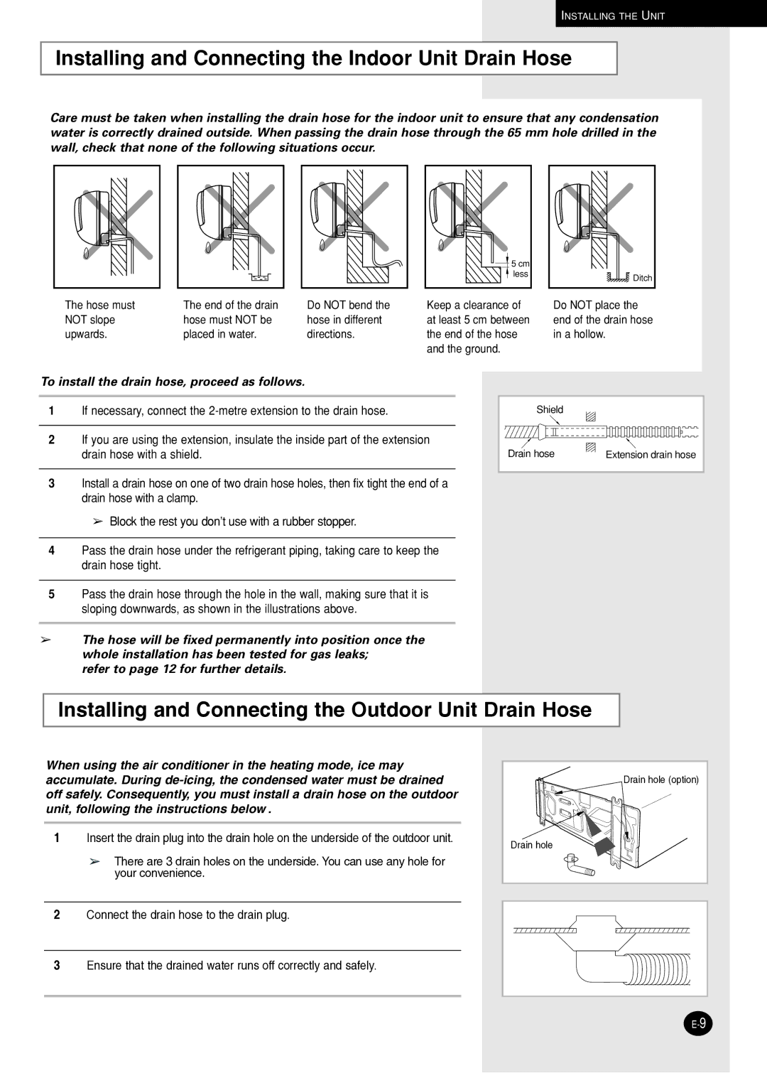 Samsung AQ09NLNSER, AQ09NLXSER manual Installing and Connecting the Indoor Unit Drain Hose 