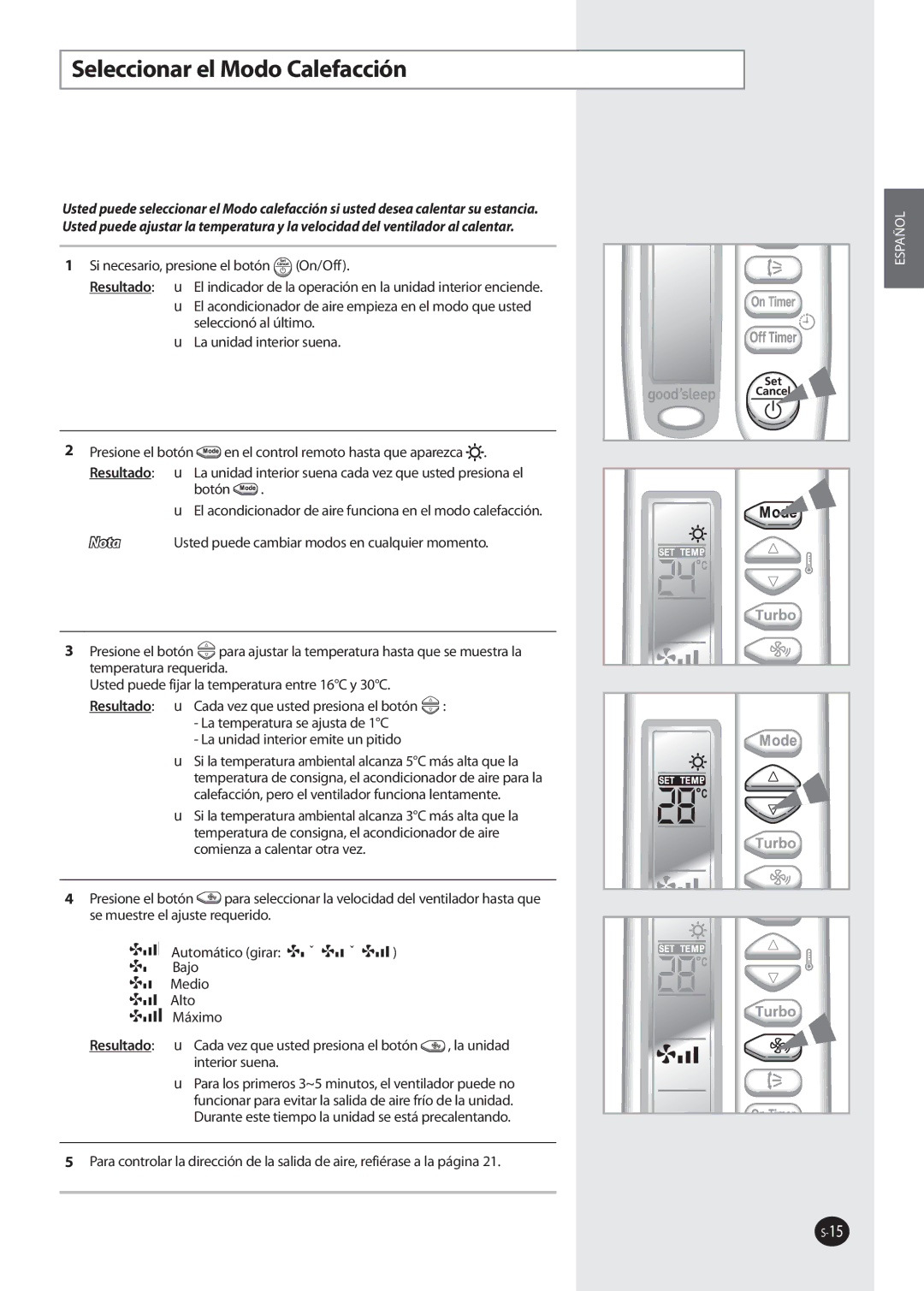 Samsung AQ12FKN, AQ09NSAN, AQ09NSAX, AQ12NSAX, AQ12NSAN, AQ12NSBN, AQ09FKN manual Seleccionar el Modo Calefacción, Interior suena 