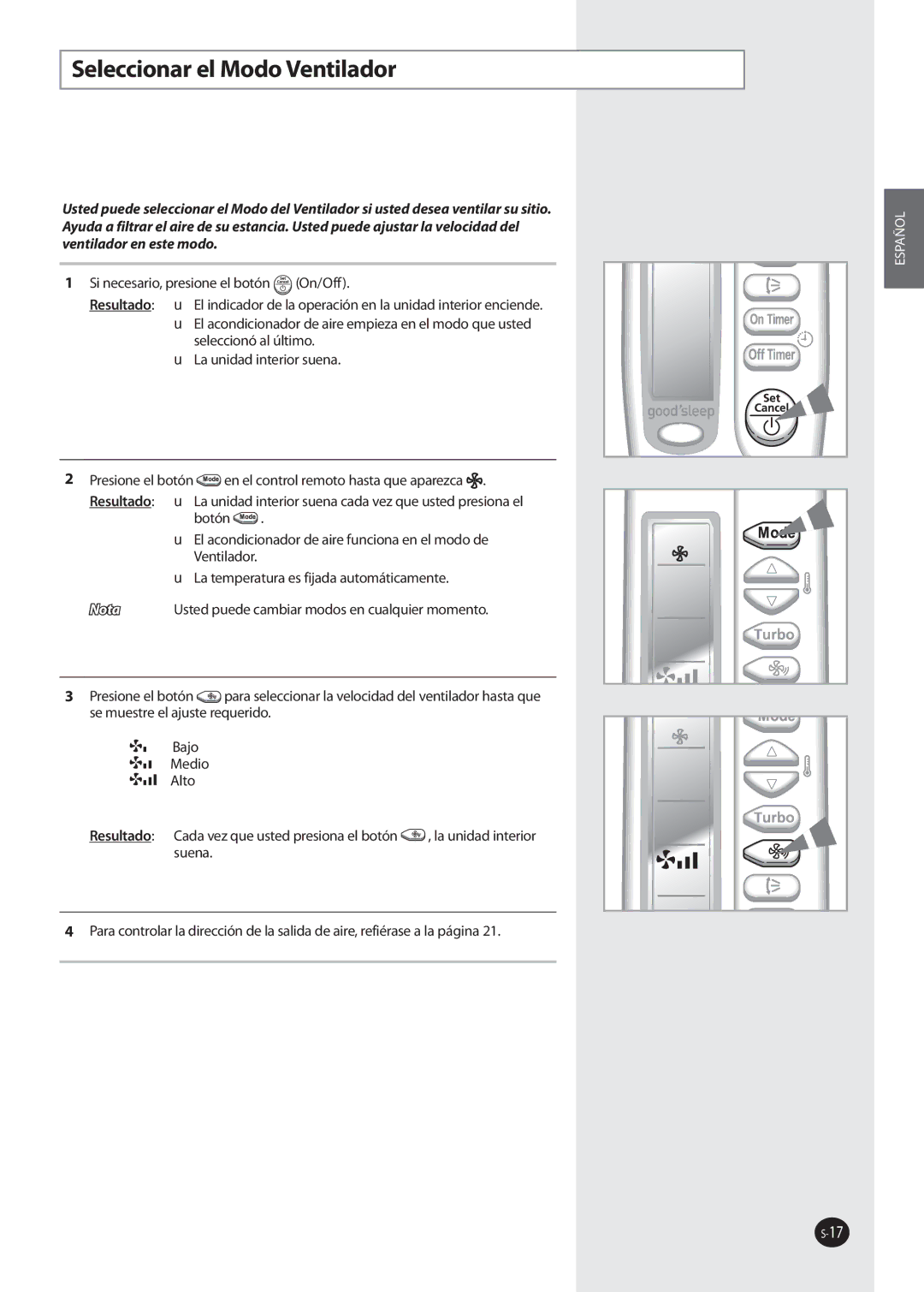 Samsung AQ12NSBX, AQ09NSAN, AQ09NSAX, AQ12NSAX, AQ12NSAN, AQ12NSBN, AQ12FKN, AQ09FKN, AQ12FKX manual Seleccionar el Modo Ventilador 