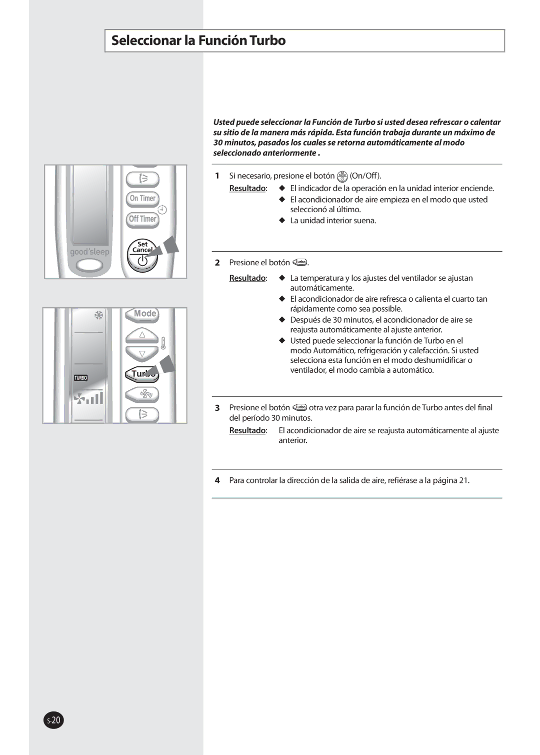 Samsung AQ09NSAN, AQ09NSAX, AQ12NSAX, AQ12NSAN, AQ12NSBN, AQ12FKN, AQ09FKN, AQ12NSBX, AQ12FKX manual Seleccionar la Función Turbo 