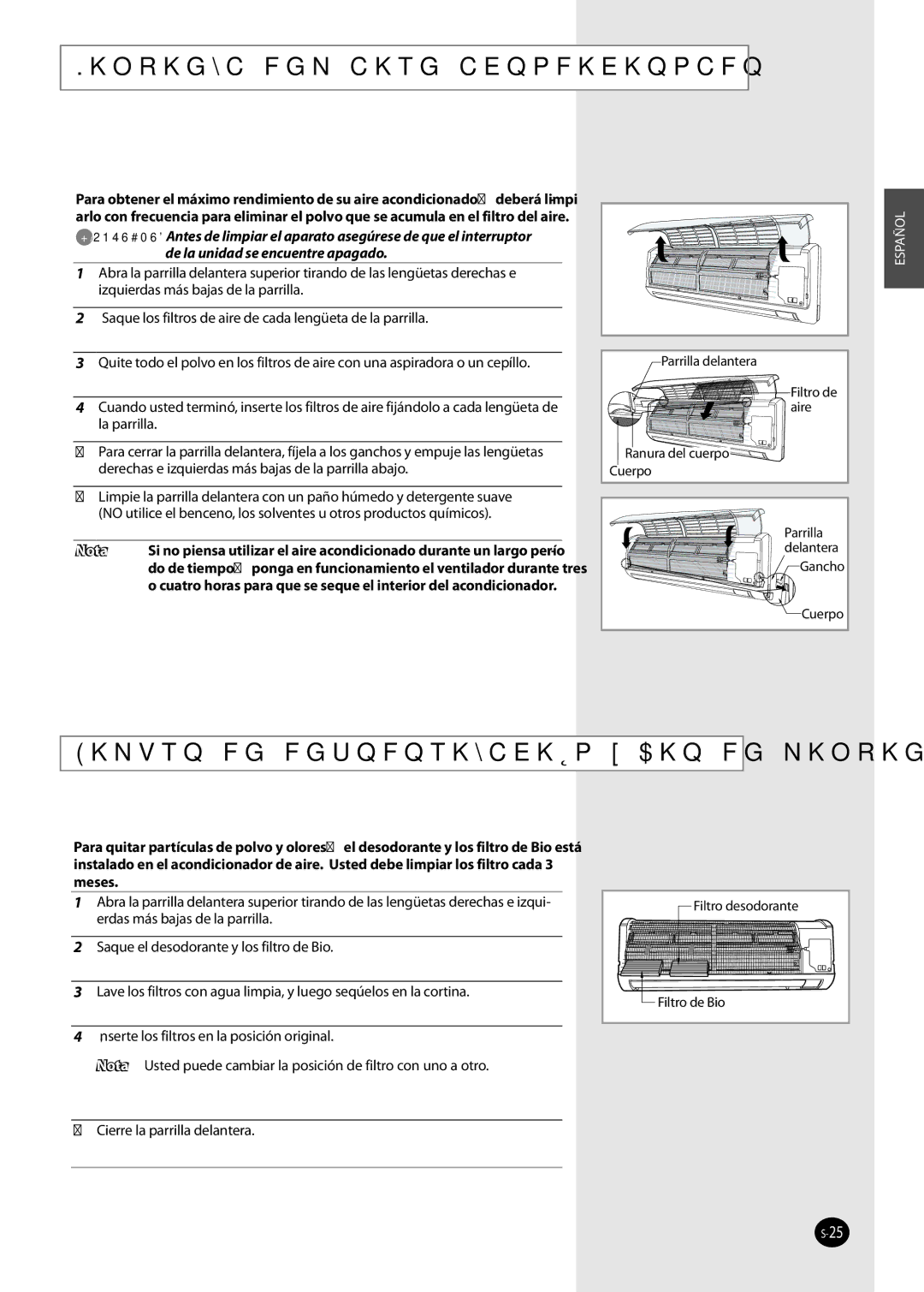 Samsung AQ12FKN, AQ09NSAN, AQ09NSAX manual Limpieza del aire acondicionado, Filtro de desodorización y Bio de limpieza Opción 