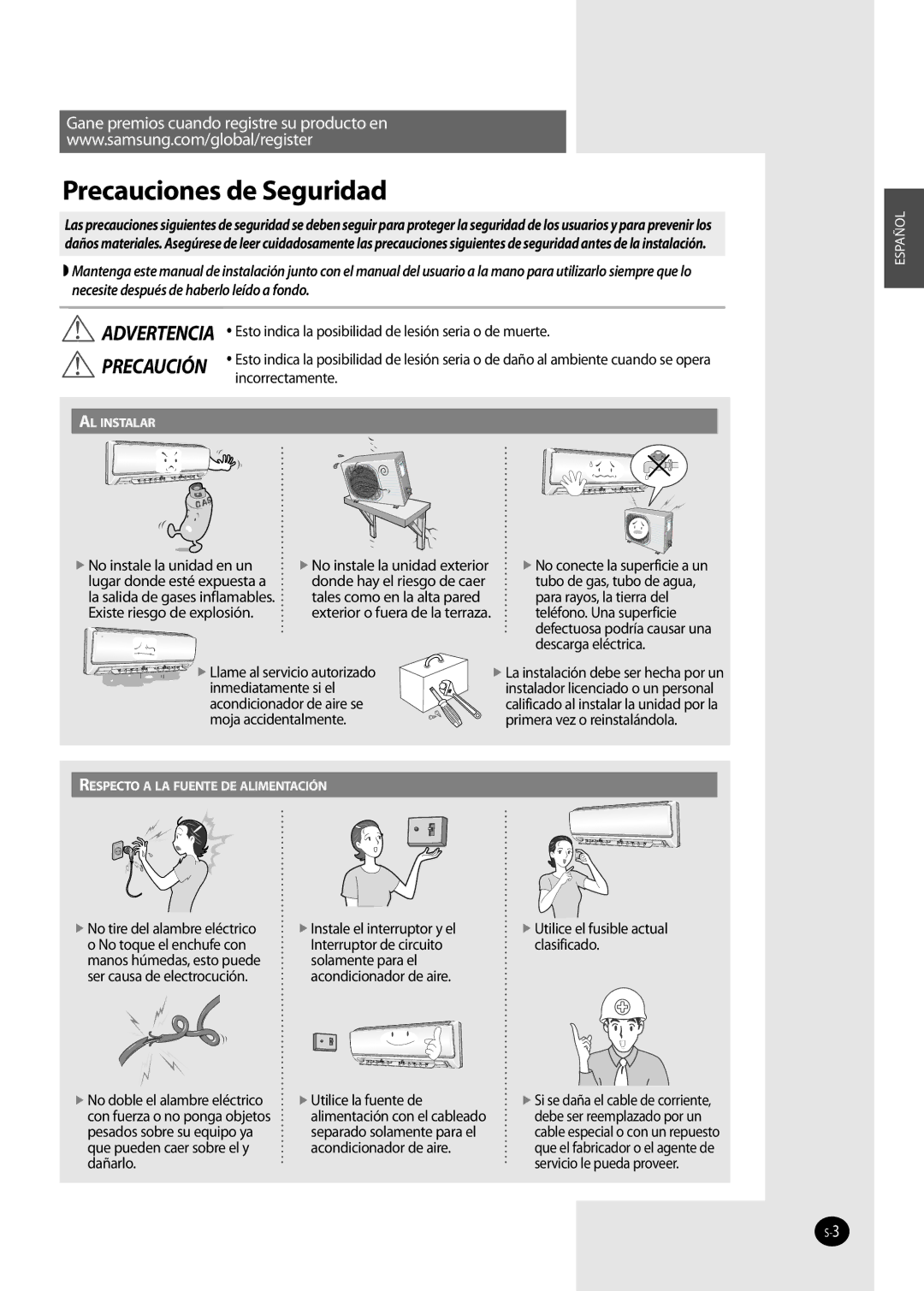 Samsung AQ12NSAN, AQ09NSAN, AQ09NSAX, AQ12NSAX, AQ12NSBN, AQ12FKN, AQ09FKN, AQ12NSBX, AQ12FKX, AQ09FKX Precauciones de Seguridad 