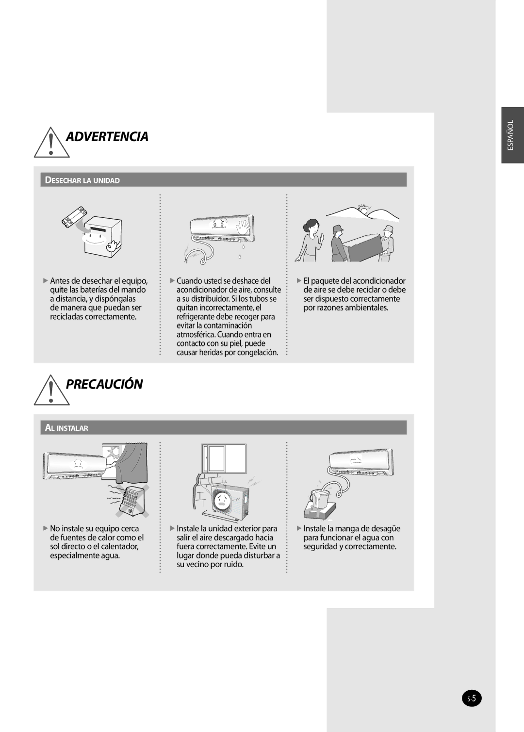 Samsung AQ12FKN, AQ09NSAN, AQ09NSAX, AQ12NSAX, AQ12NSAN, AQ12NSBN, AQ09FKN, AQ12NSBX, AQ12FKX, AQ09FKX manual Precaución 