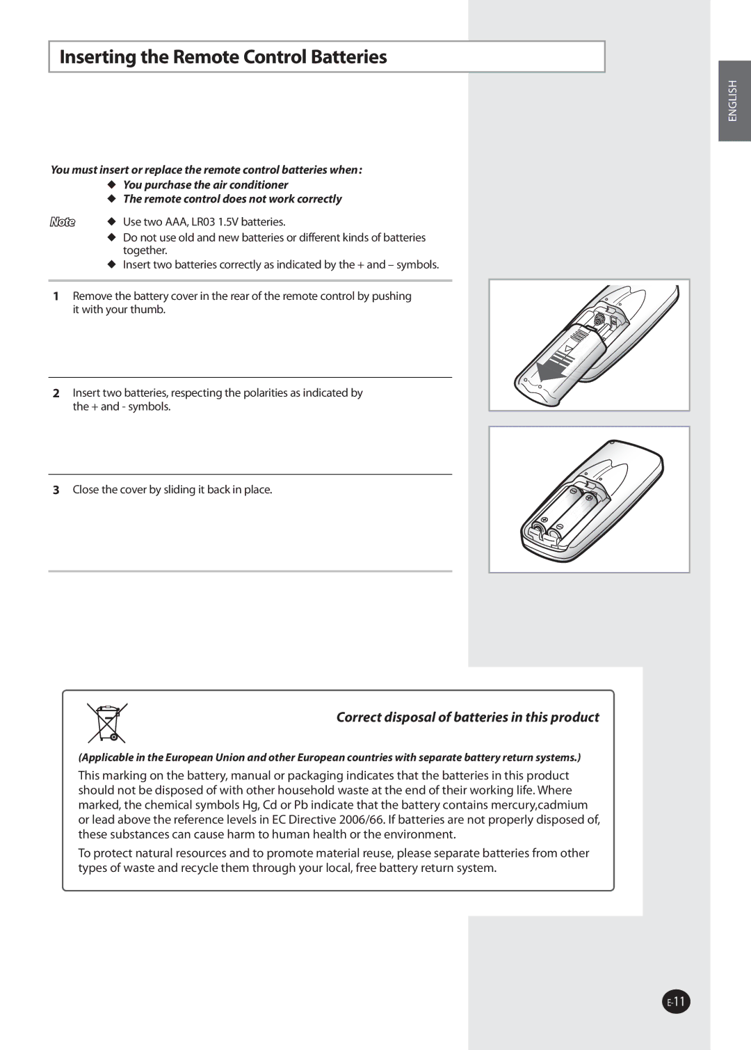 Samsung AQ09FKN, AQ09NSAN, AQ09NSDX Inserting the Remote Control Batteries, Correct disposal of batteries in this product 