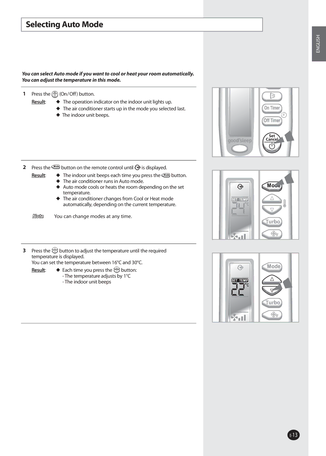 Samsung AQ12FKX, AQ09NSAN, AQ09NSDX, AQ09NSDN, AQ12NSDX, AQ12NSDN, AQ09NSAX, AQ12NSAX, AQ12NSAN, AQ12NSBN manual Selecting Auto Mode 