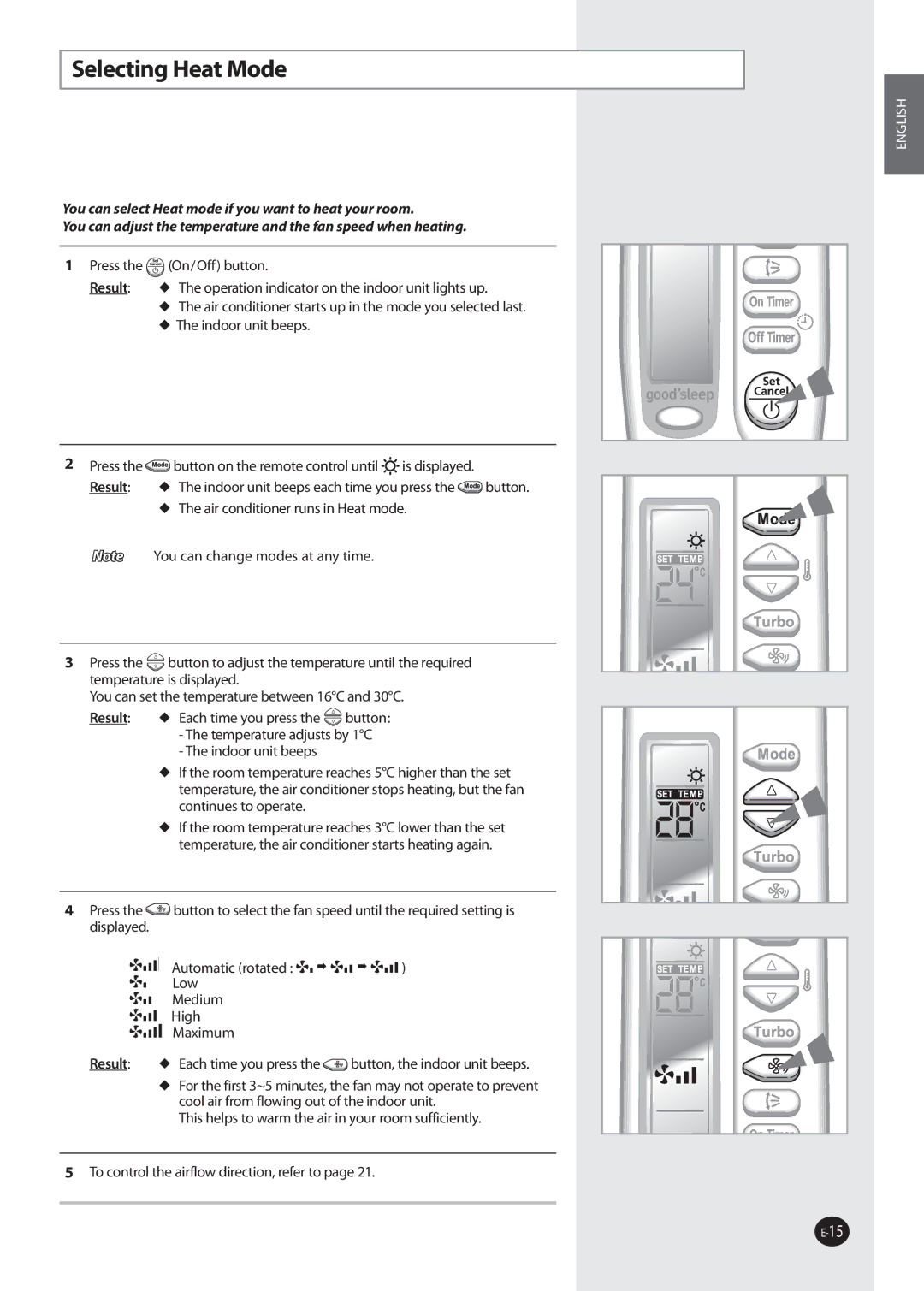 Samsung AQ09NSAN, AQ09NSDX, AQ09NSDN, AQ12NSDX, AQ12NSDN, AQ09NSAX, AQ12NSAX, AQ12NSAN, AQ12NSBN, AQ12FKN manual Selecting Heat Mode 