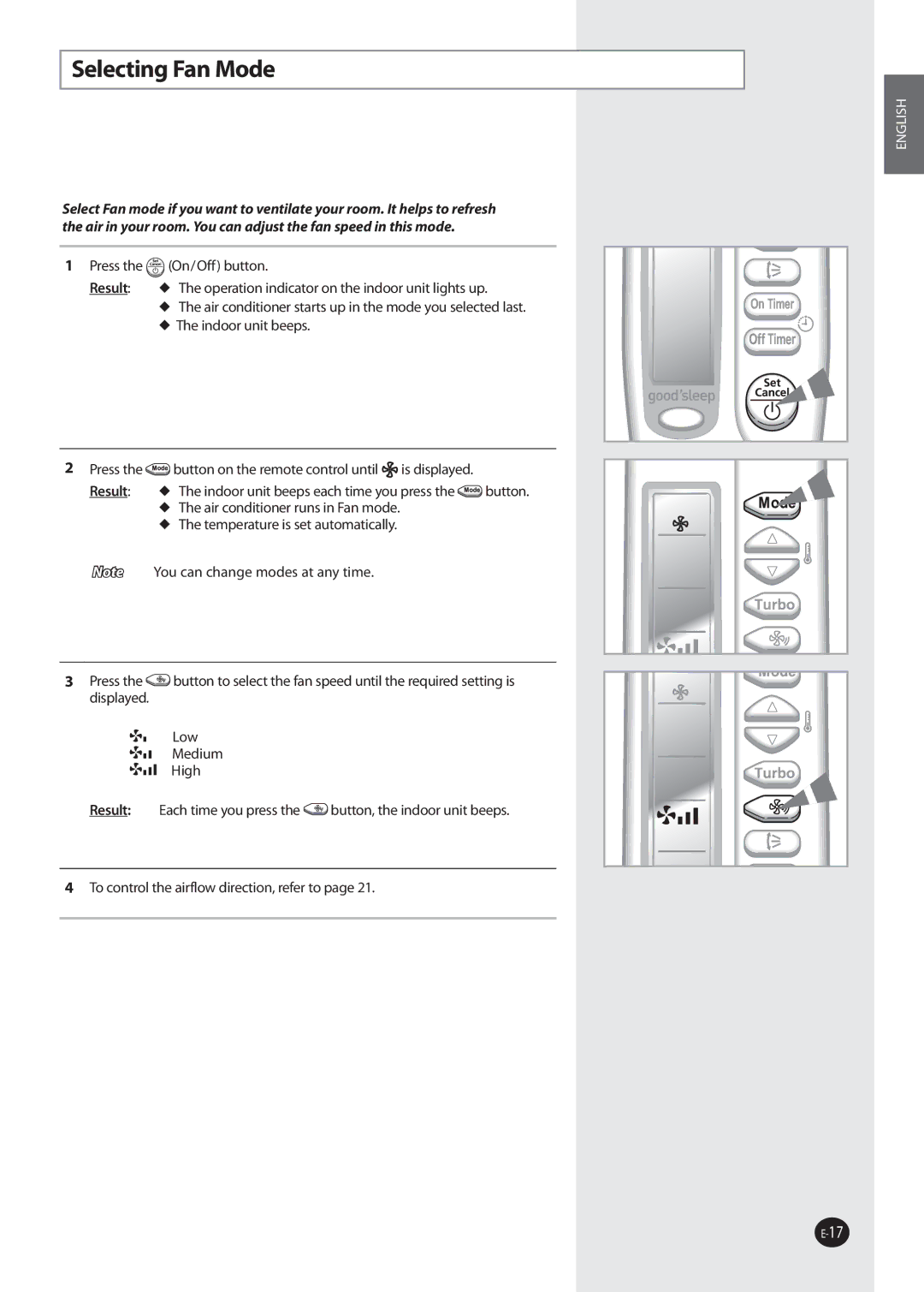 Samsung AQ09NSDN, AQ09NSAN, AQ09NSDX, AQ12NSDX, AQ12NSDN, AQ09NSAX, AQ12NSAX, AQ12NSAN, AQ12NSBN, AQ12FKN manual Selecting Fan Mode 