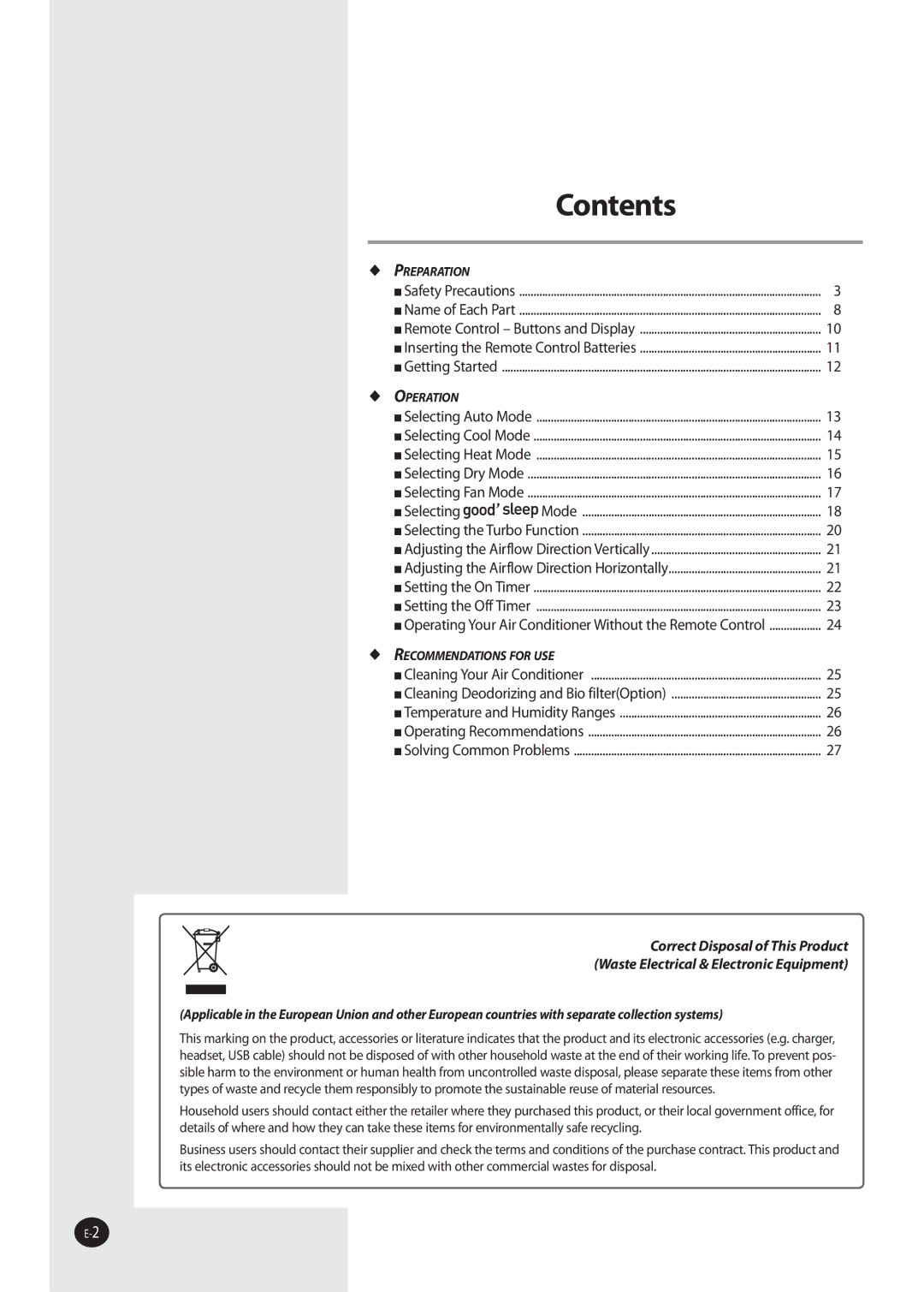 Samsung AQ09NSDN, AQ09NSAN, AQ09NSDX, AQ12NSDX, AQ12NSDN, AQ09NSAX, AQ12NSAX, AQ12NSAN, AQ12NSBN, AQ12FKN, AQ09NSBN manual Contents 