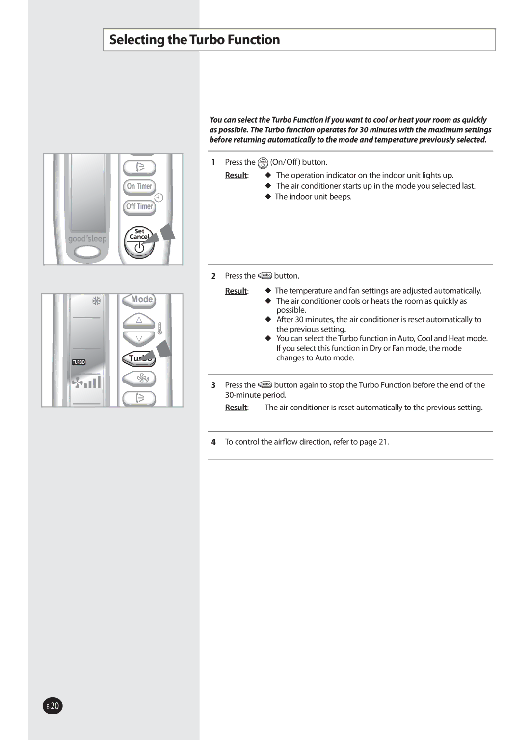 Samsung AQ09NSAX, AQ09NSAN, AQ09NSDX, AQ09NSDN, AQ12NSDX, AQ12NSDN, AQ12NSAX, AQ12NSAN, AQ12NSBN Selecting the Turbo Function 