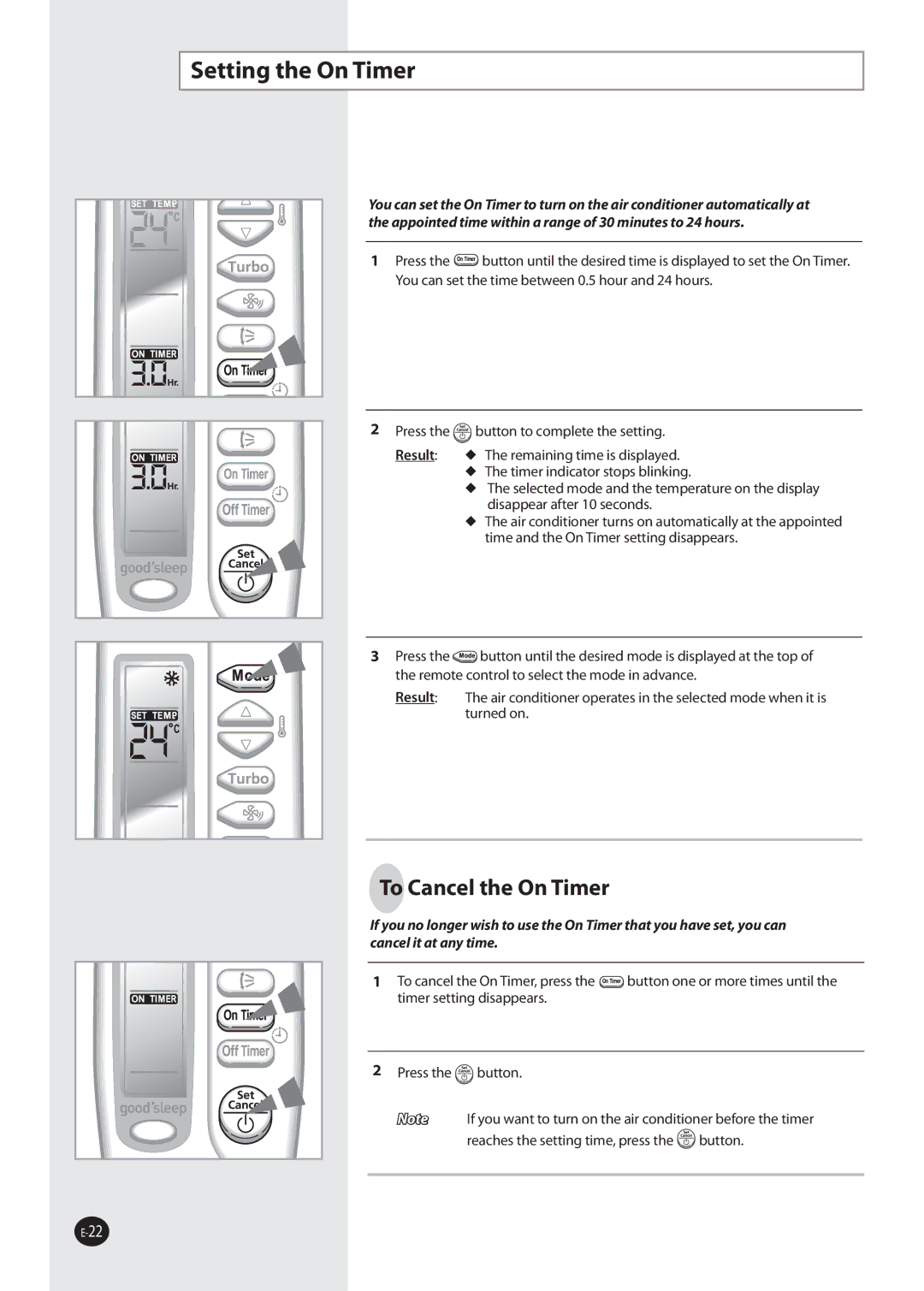 Samsung AQ12NSAN, AQ09NSAN, AQ09NSDX, AQ09NSDN, AQ12NSDX, AQ12NSDN, AQ09NSAX manual Setting the On Timer, To Cancel the On Timer 