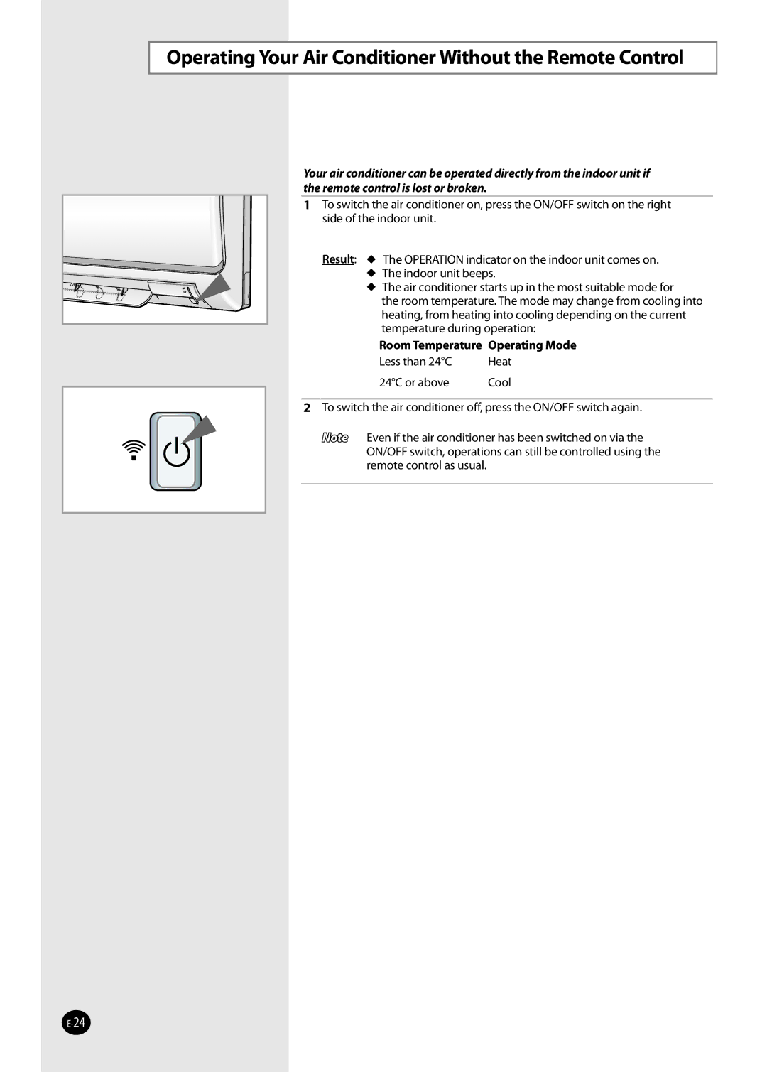 Samsung AQ12FKN, AQ09NSAN manual Operating Your Air Conditioner Without the Remote Control, Room Temperature Operating Mode 