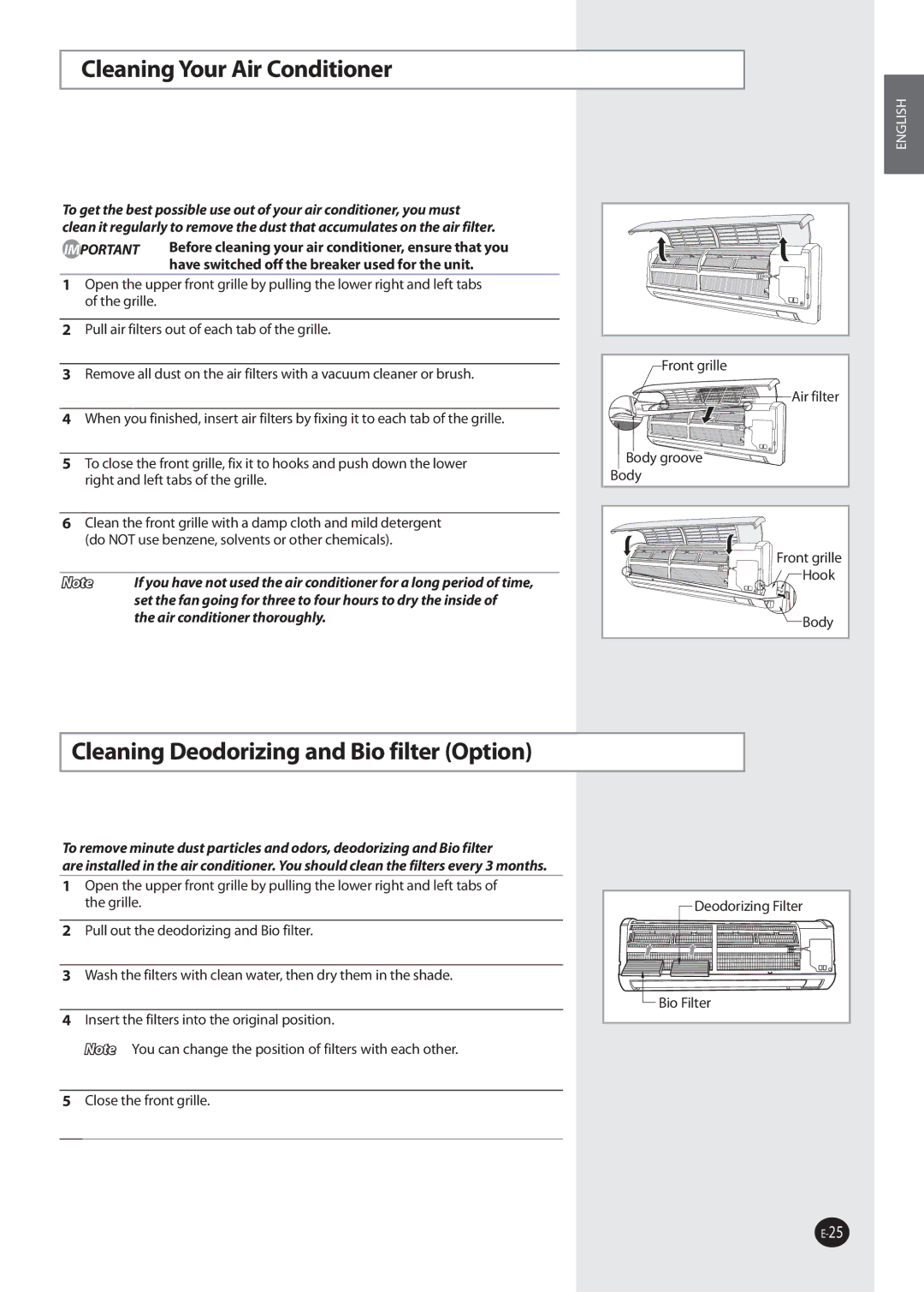 Samsung AQ09NSBN, AQ09NSAN, AQ09NSDX, AQ09NSDN Cleaning Your Air Conditioner, Cleaning Deodorizing and Bio filter Option 