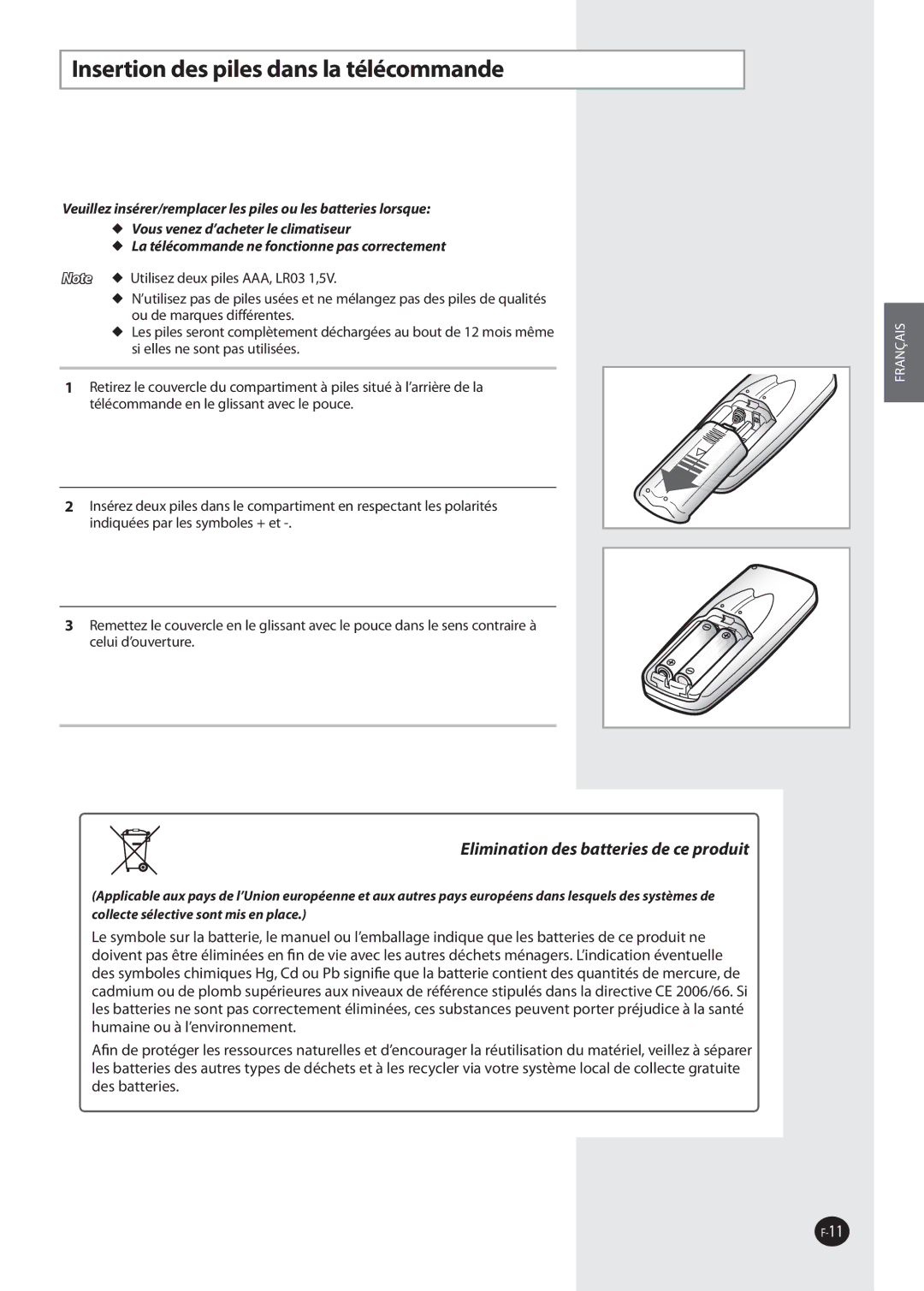 Samsung AQ12NSDX, AQ09NSAN, AQ09NSDX manual Insertion des piles dans la télécommande, Elimination des batteries de ce produit 