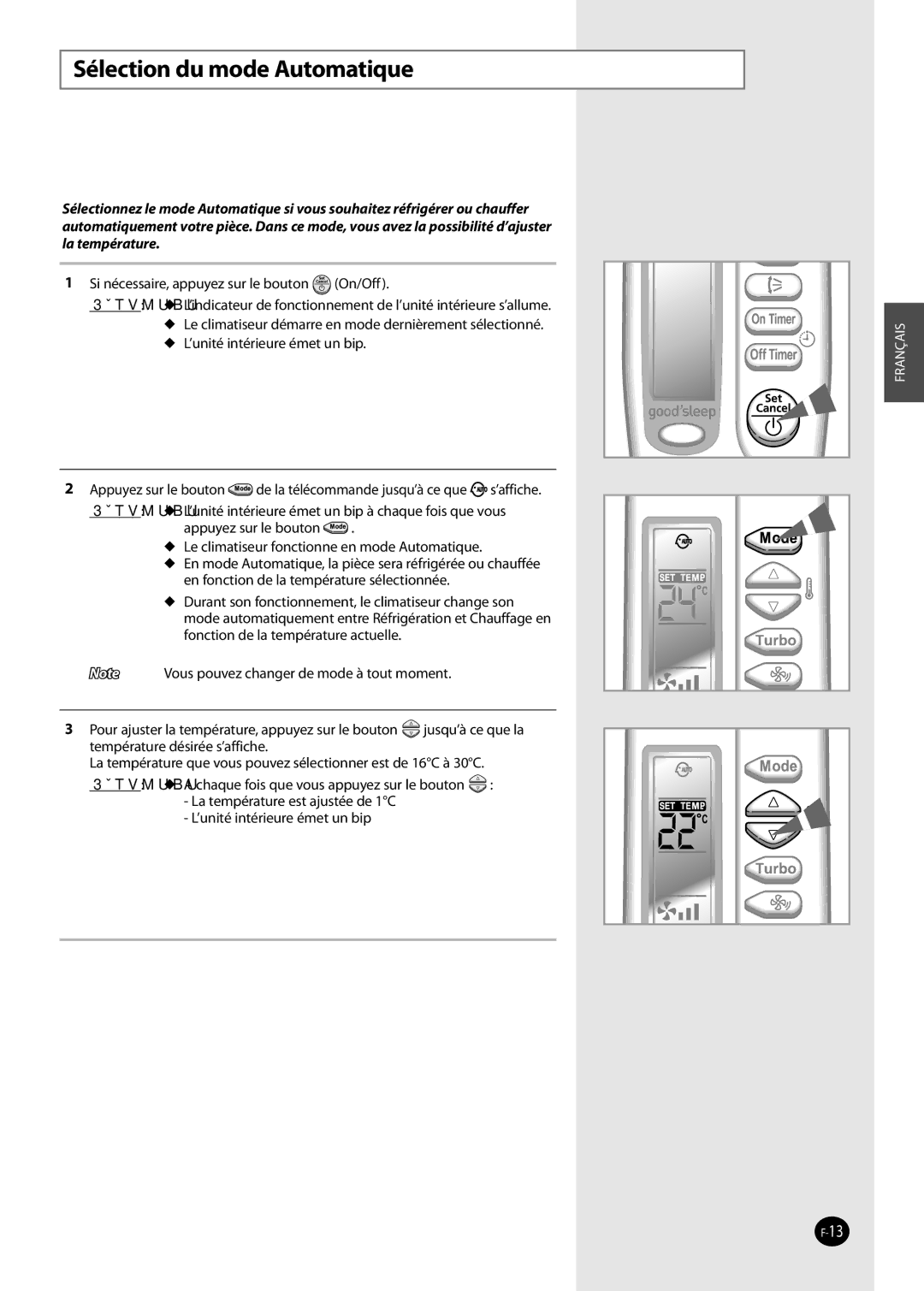 Samsung AQ09NSAX, AQ09NSAN, AQ09NSDX, AQ09NSDN, AQ12NSDX, AQ12NSDN, AQ12NSAX, AQ12NSAN manual Sélection du mode Automatique 