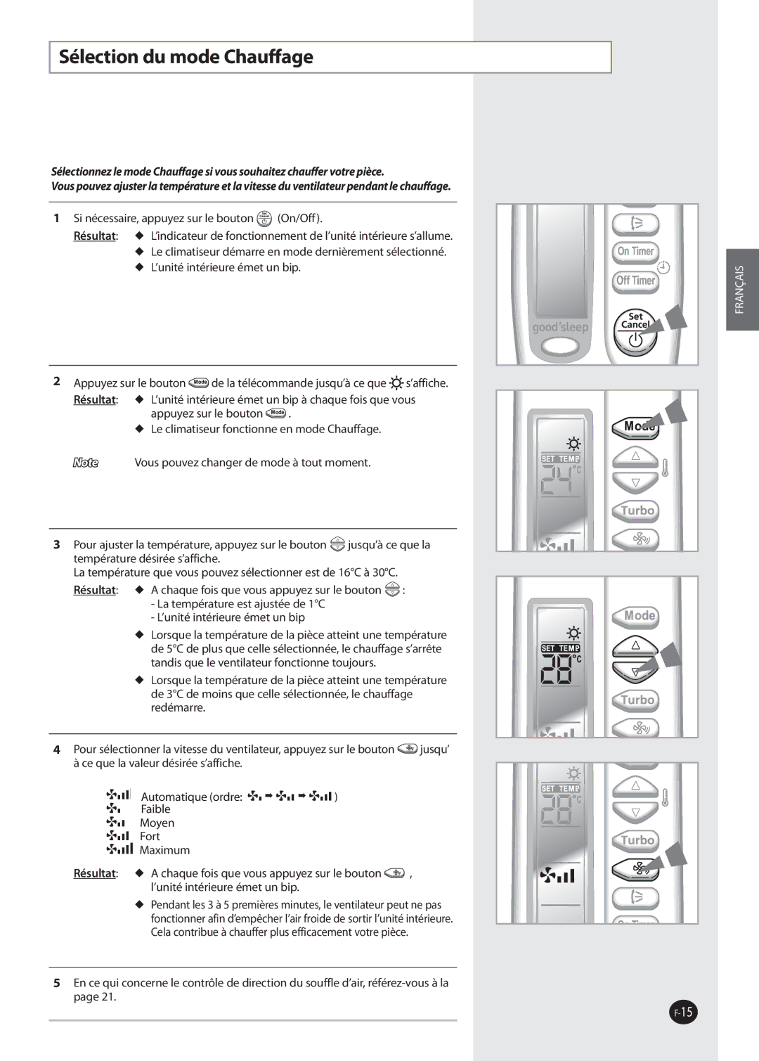 Samsung AQ12NSAN, AQ09NSAN, AQ09NSDX, AQ09NSDN, AQ12NSDX, AQ12NSDN, AQ09NSAX, AQ12NSAX manual Sélection du mode Chauffage 