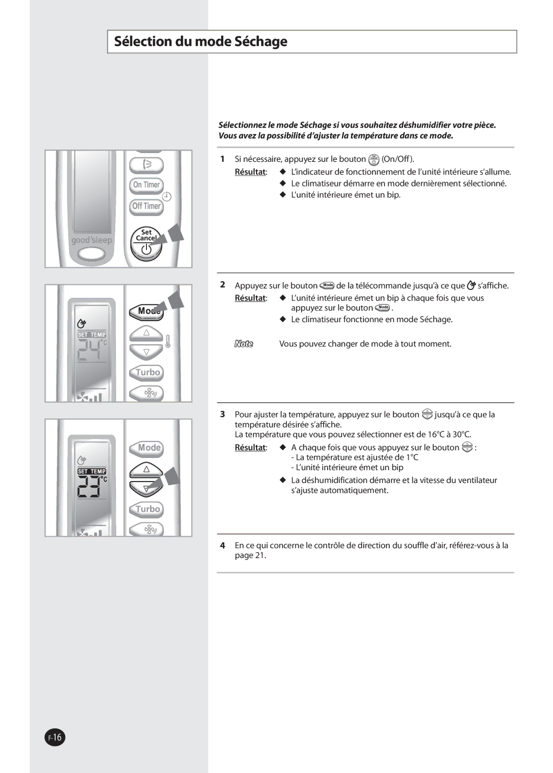 Samsung AQ09NSAN, AQ09NSDX, AQ09NSDN, AQ12NSDX, AQ12NSDN, AQ09NSAX, AQ12NSAX, AQ12NSAN manual Sélection du mode Séchage 