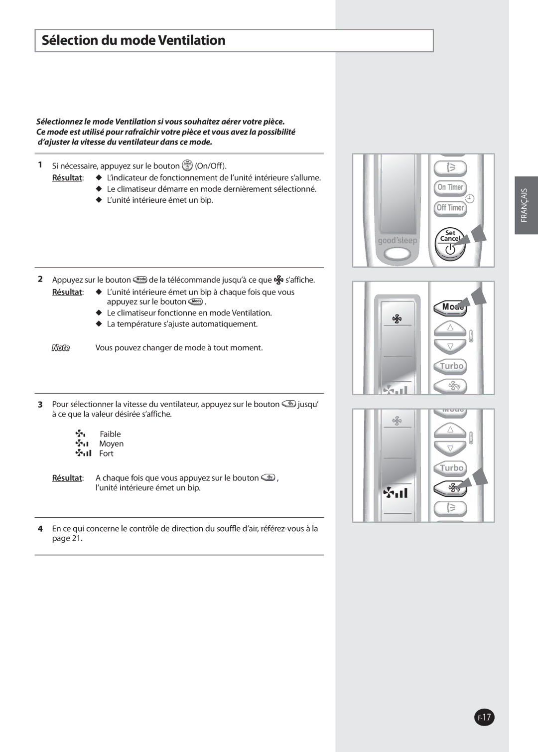 Samsung AQ09NSDX, AQ09NSAN, AQ09NSDN, AQ12NSDX, AQ12NSDN, AQ09NSAX, AQ12NSAX, AQ12NSAN manual Sélection du mode Ventilation 