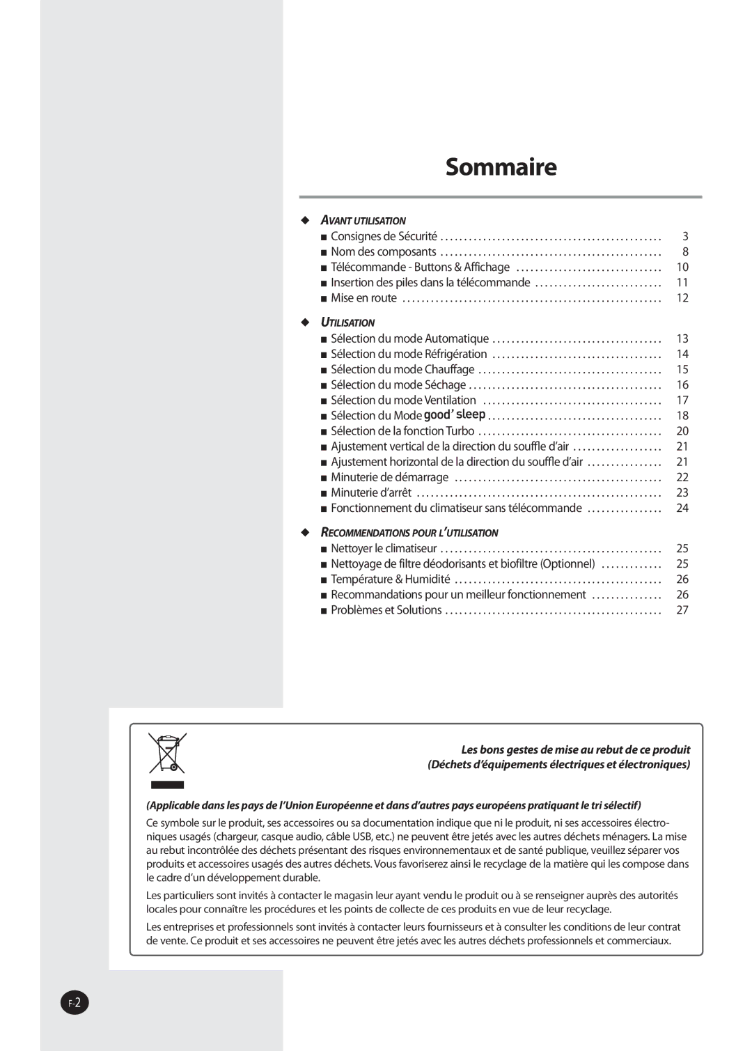 Samsung AQ09NSDN, AQ09NSAN, AQ09NSDX, AQ12NSDX, AQ12NSDN, AQ09NSAX, AQ12NSAX, AQ12NSAN manual Sommaire 