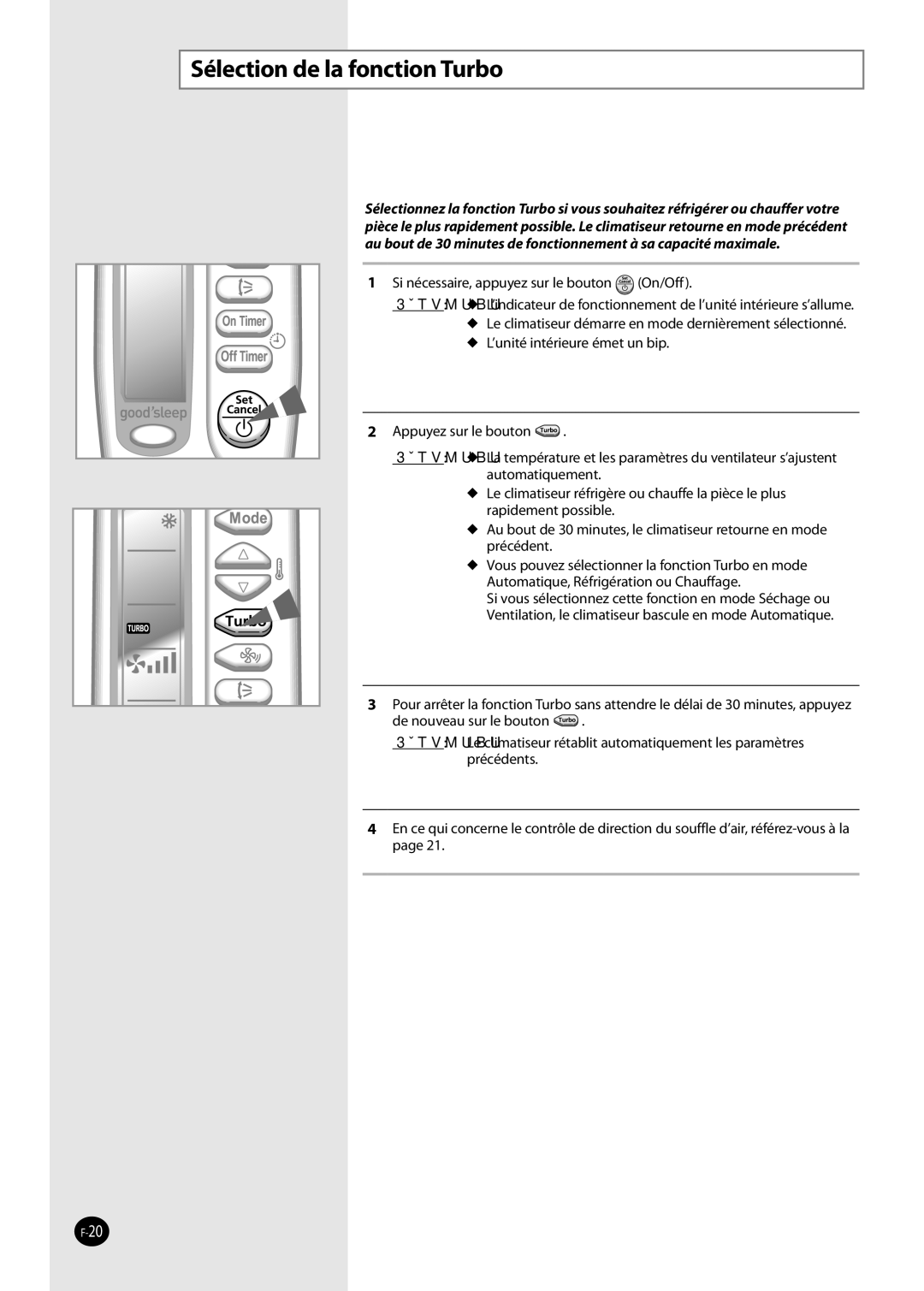 Samsung AQ12NSDN, AQ09NSAN, AQ09NSDX, AQ09NSDN, AQ12NSDX, AQ09NSAX, AQ12NSAX, AQ12NSAN manual Sélection de la fonction Turbo 