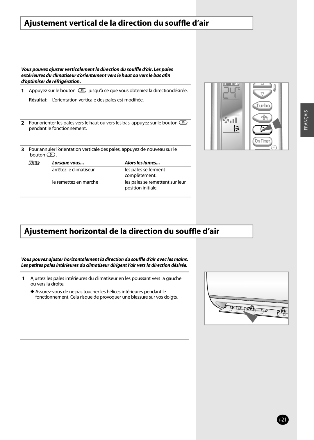 Samsung AQ09NSAX, AQ09NSAN, AQ09NSDX, AQ09NSDN, AQ12NSDX, AQ12NSDN manual Ajustement vertical de la direction du soufﬂe d’air 