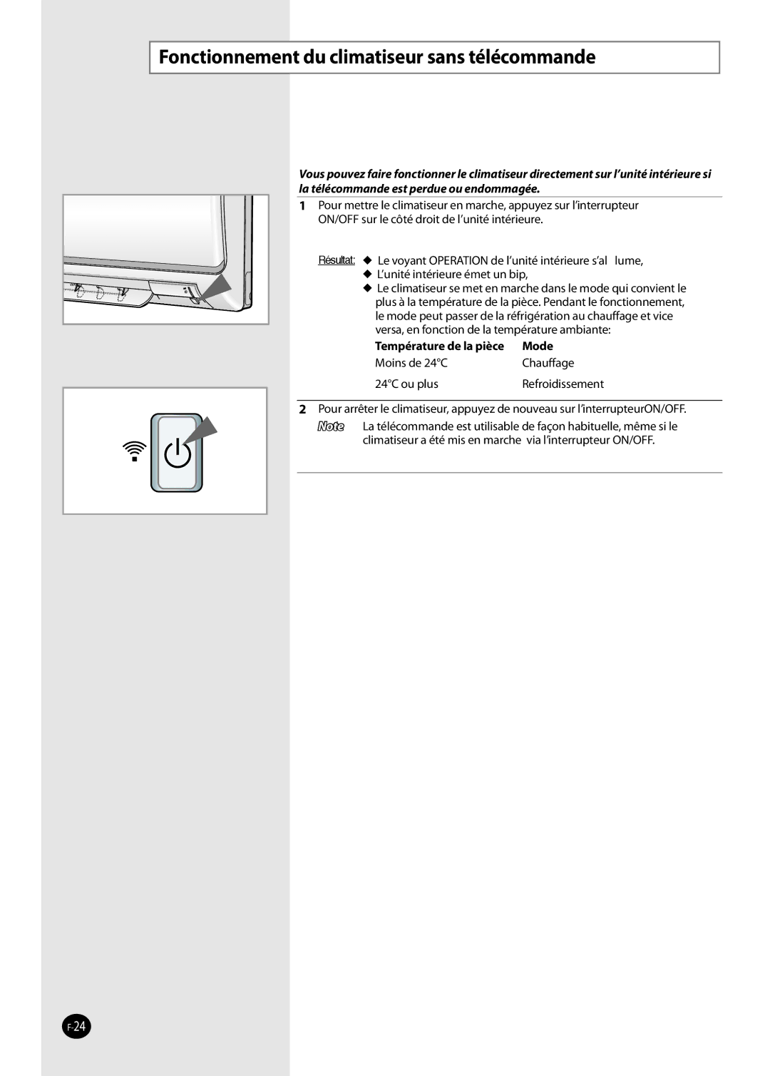 Samsung AQ09NSAN, AQ09NSDX, AQ09NSDN, AQ12NSDX, AQ12NSDN, AQ09NSAX manual Fonctionnement du climatiseur sans télécommande, Mode 