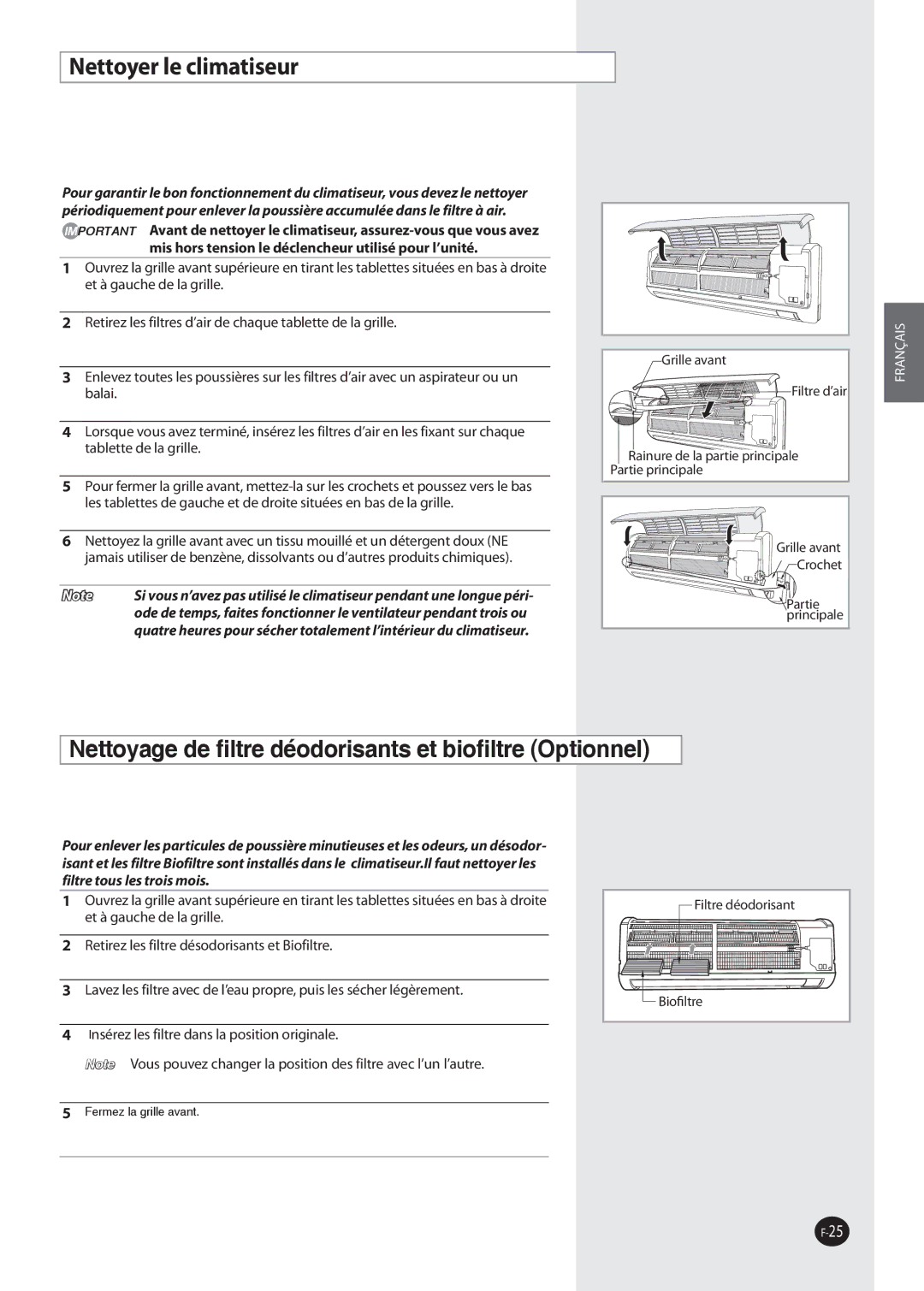 Samsung AQ09NSDX, AQ09NSAN, AQ09NSDN manual Nettoyer le climatiseur, Nettoyage de ﬁltre déodorisants et bioﬁltre Optionnel 