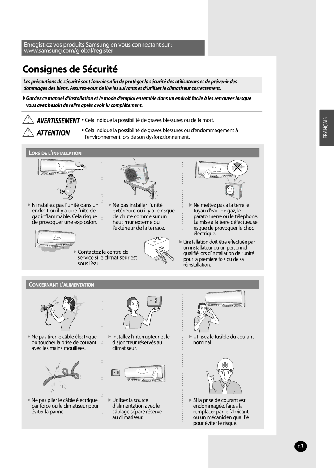 Samsung AQ12NSDX, AQ09NSAN, AQ09NSDX, AQ09NSDN, AQ12NSDN, AQ09NSAX, AQ12NSAX, AQ12NSAN manual Consignes de Sécurité 