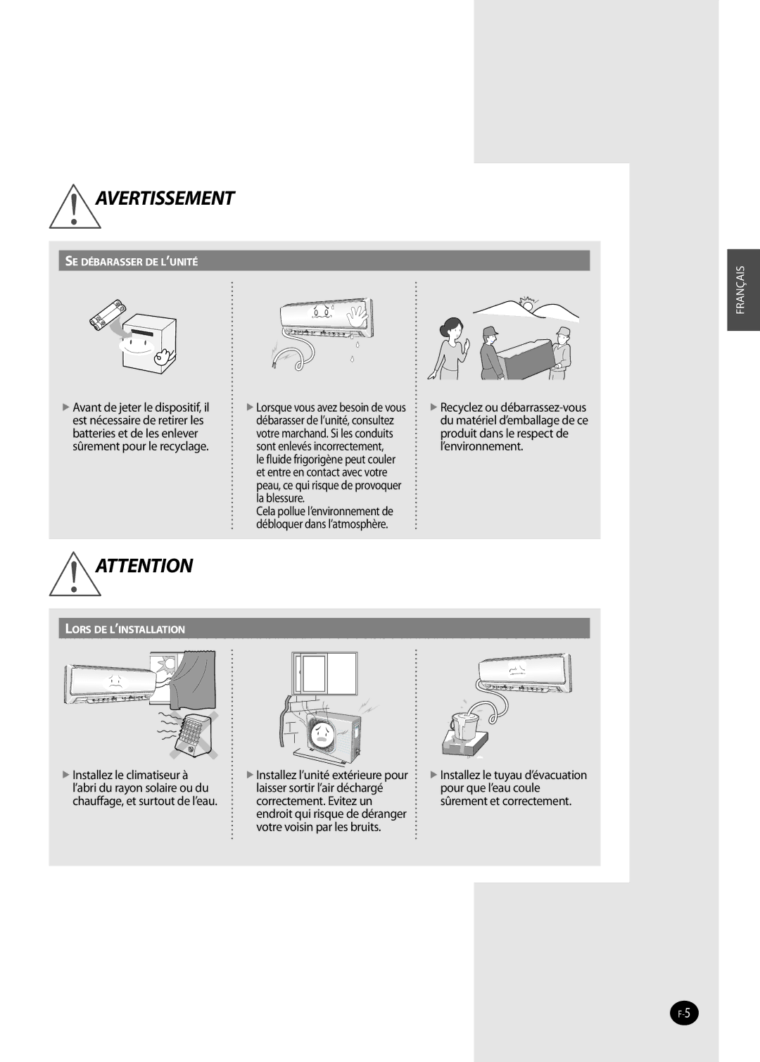 Samsung AQ09NSAX, AQ09NSAN, AQ09NSDX, AQ09NSDN, AQ12NSDX, AQ12NSDN, AQ12NSAX, AQ12NSAN manual Avant de jeter le dispositif, il 