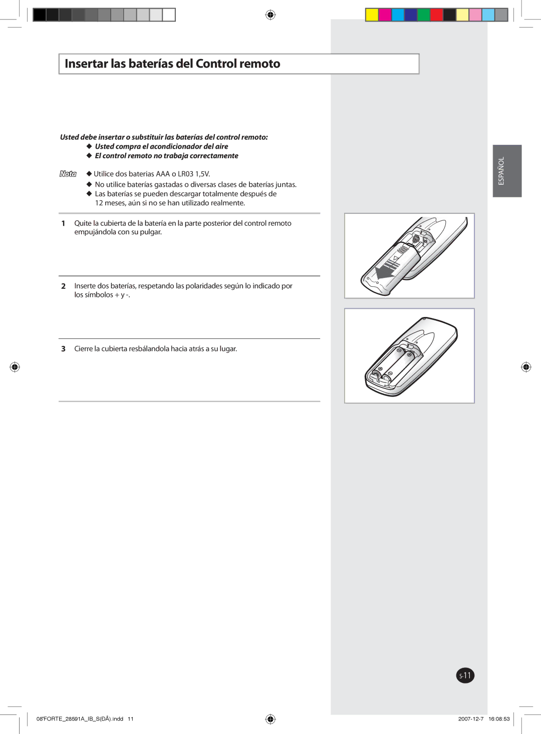 Samsung AQ12FENMID, AQ09NSAN, AQ12FCX, AQ09NSAX, AQ12NSAX, AQ12NSAN, AQ12FCN, AQ12NSBN Insertar las baterías del Control remoto 