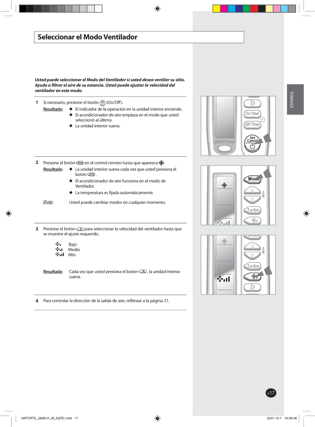 Samsung AQ09FANMID, AQ09NSAN, AQ12FCX, AQ09NSAX, AQ12NSAX, AQ12NSAN, AQ12FCN, AQ12NSBN, AQ12NSBX Seleccionar el Modo Ventilador 