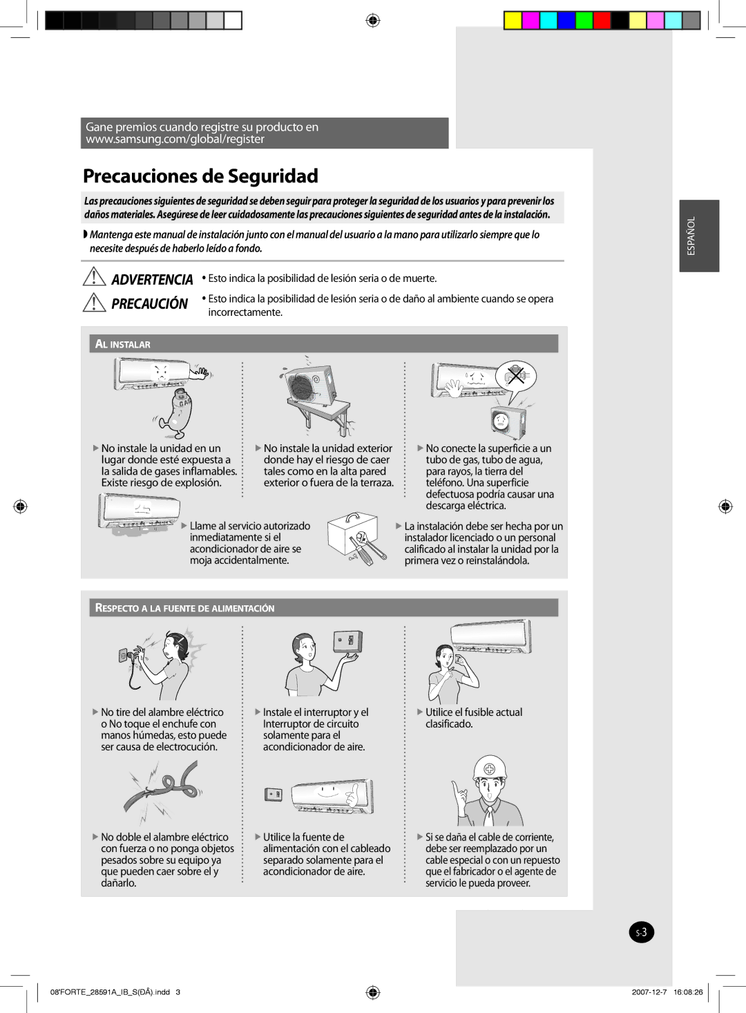 Samsung AQ09NSAX, AQ09NSAN, AQ12FCX, AQ12NSAX, AQ12NSAN, AQ12FCN, AQ12NSBN, AQ12NSBX, AS12FCXMID manual Precauciones de Seguridad 