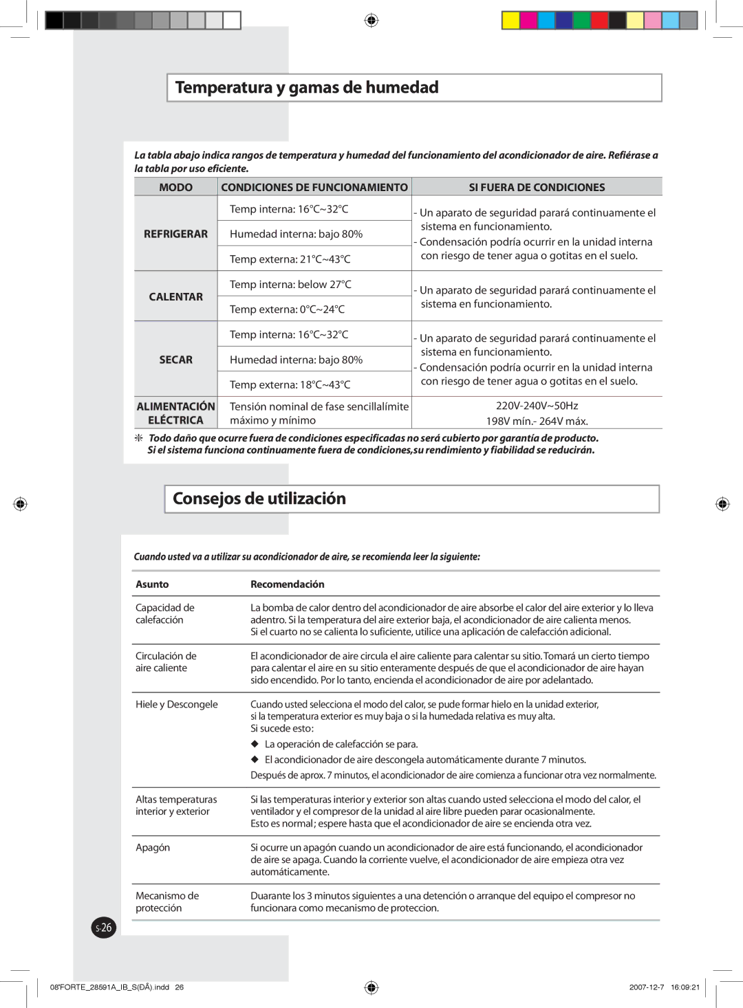 Samsung AQ18FCXMID, AQ09NSAN, AQ12FCX, AQ12FCN Temperatura y gamas de humedad, Consejos de utilización, Asunto Recomendación 