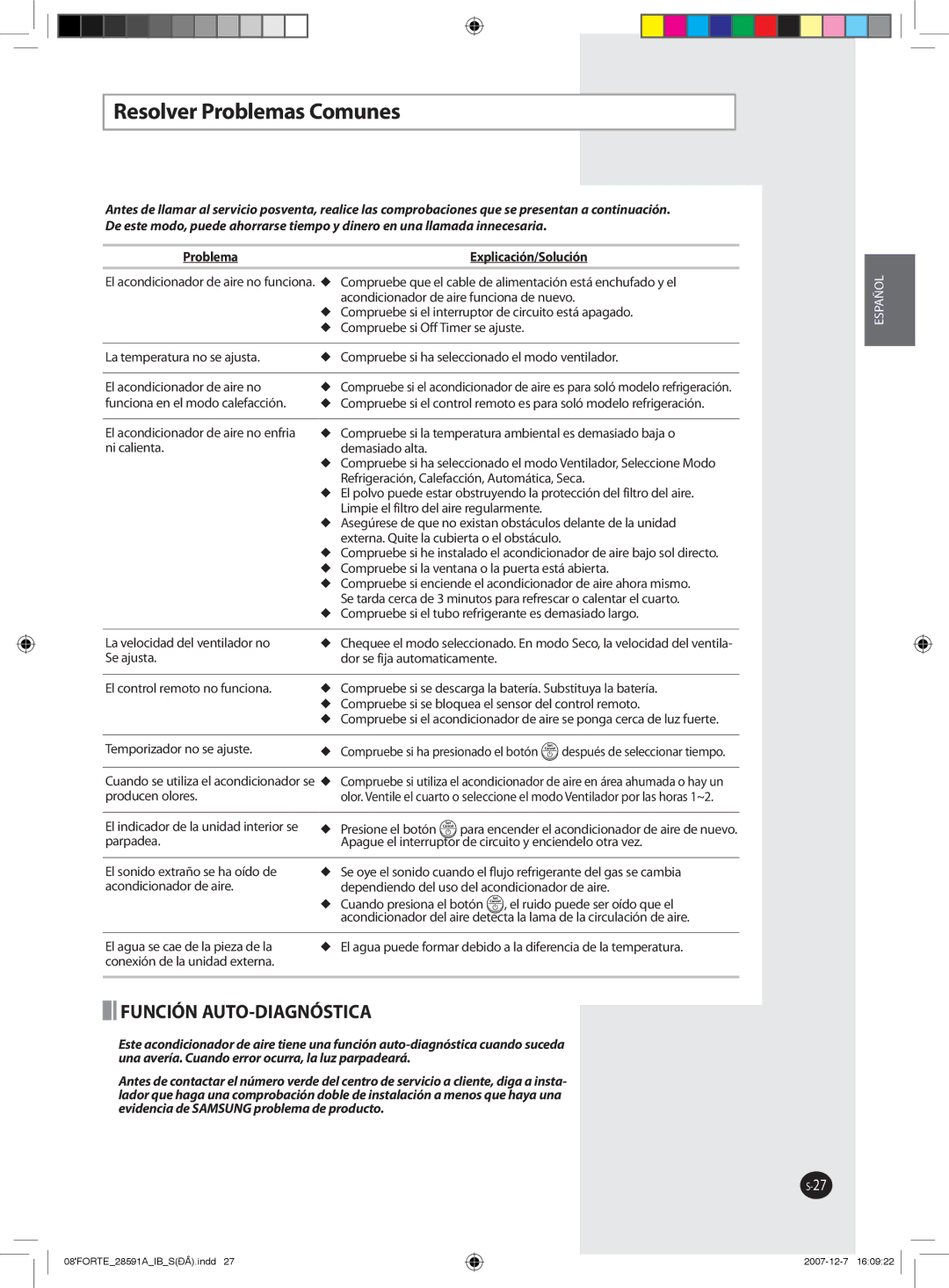 Samsung AQ09NSAN, AQ12FCX, AQ09NSAX, AQ12NSAX, AQ12NSAN, AQ12FCN Resolver Problemas Comunes, Problema Explicación/Solución 