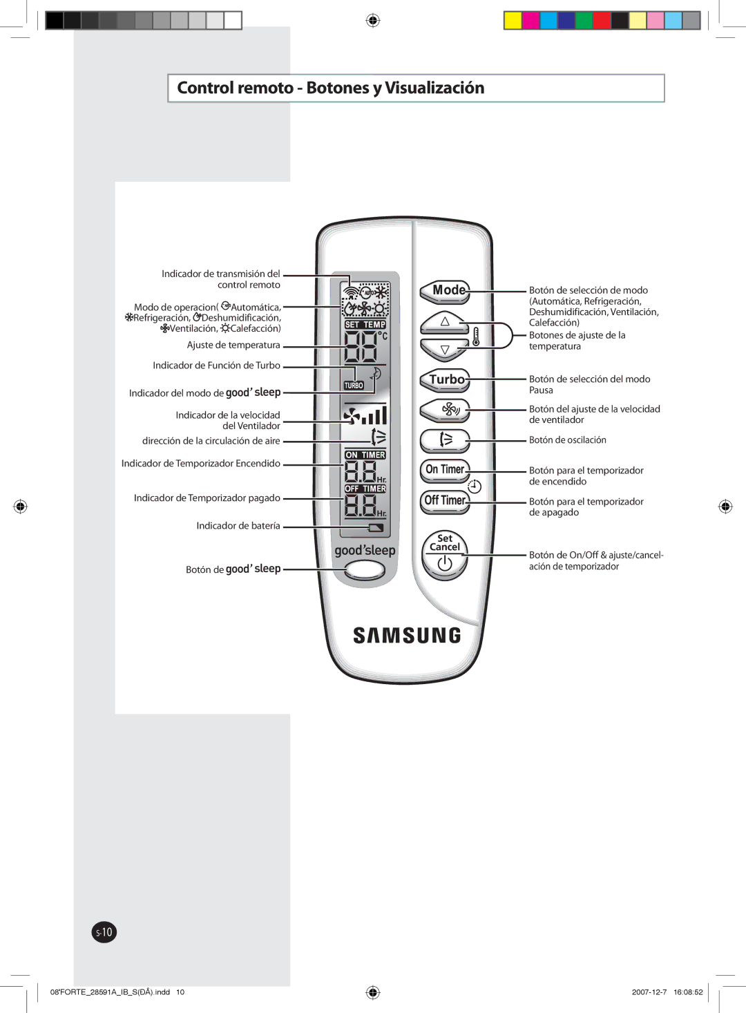 Samsung AQ18FCNMID, AQ09NSAN, AQ12FCX, AQ09NSAX, AQ12NSAX, AQ12NSAN, AQ12FCN, AQ12NSBN Control remoto Botones y Visualización 