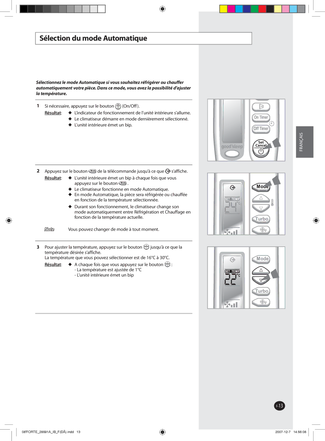 Samsung AQ09FAX, AQ09NSAN, AQ24FCN, AQ12FCX, AQ09FAN, AQ24FAN, AQ18NSAX, AQ18FCX, AQ09SAX, AQ24NSAN Sélection du mode Automatique 