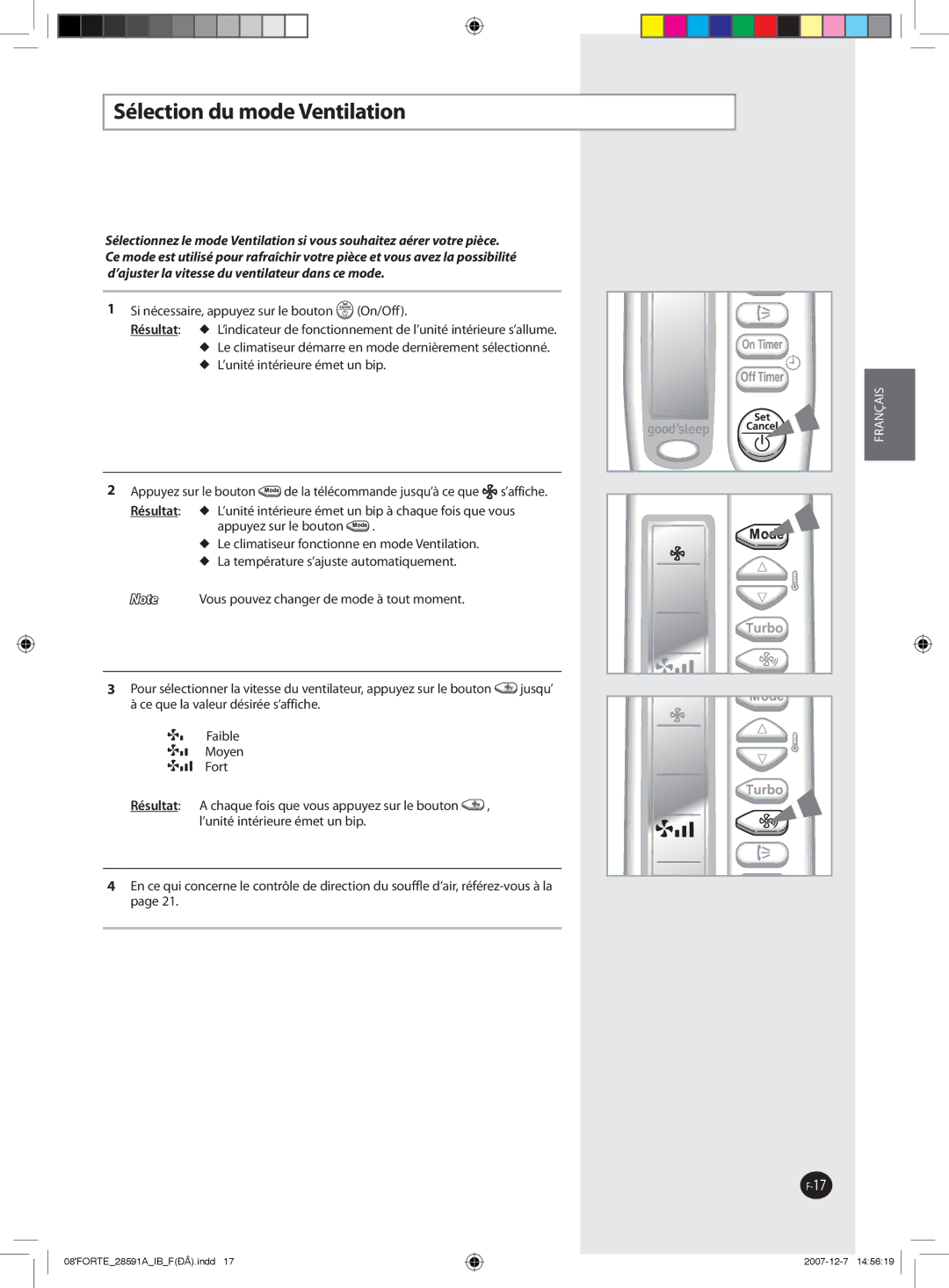 Samsung AQ24FAX, AQ09NSAN, AQ24FCN, AQ12FCX, AQ09FAN, AQ24FAN, AQ18NSAX, AQ18FCX, AQ09SAX, AQ24NSAN Sélection du mode Ventilation 