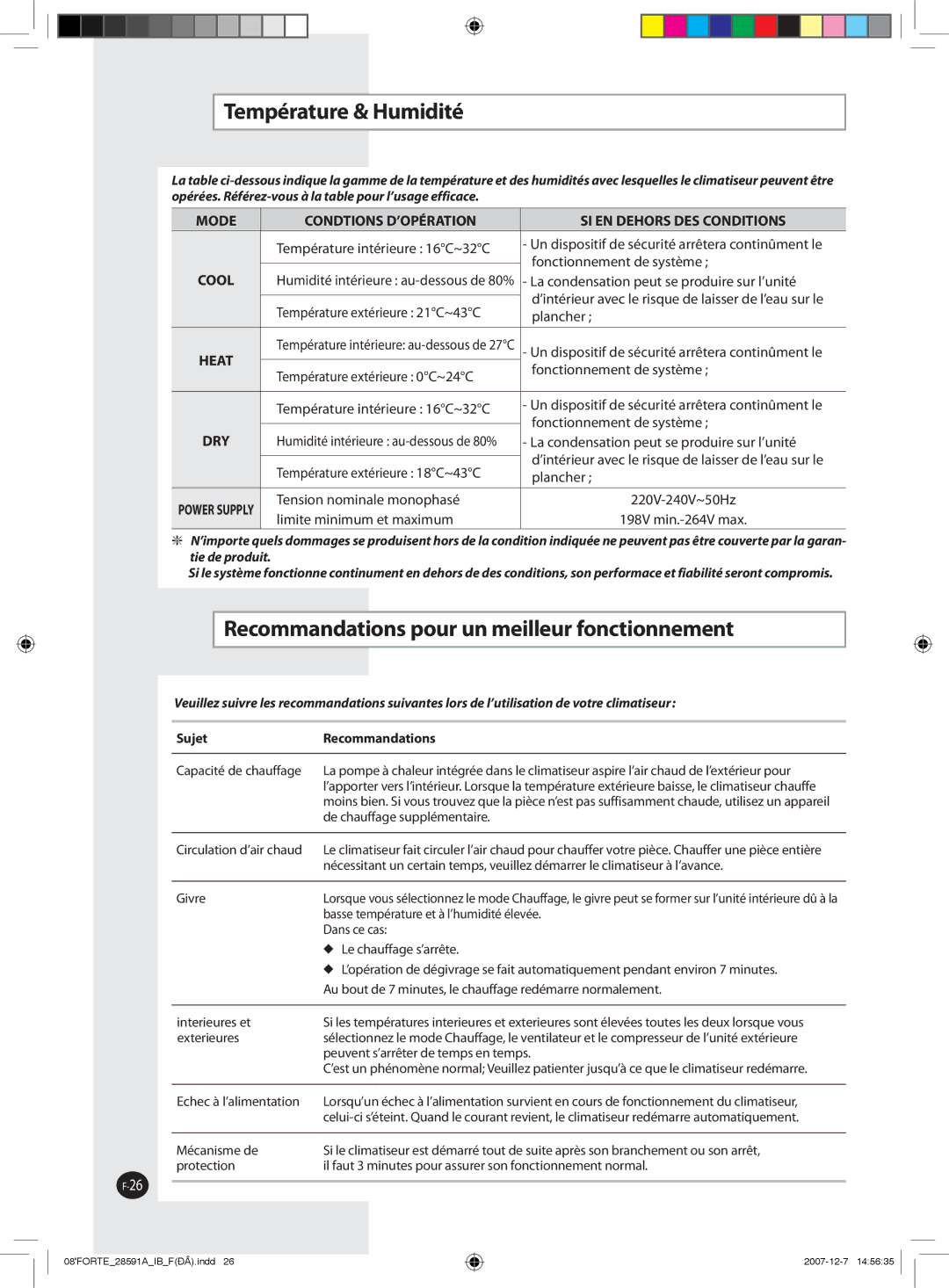 Samsung AQ09FAN, AQ09NSAN Température & Humidité, Recommandations pour un meilleur fonctionnement, Sujet Recommandations 