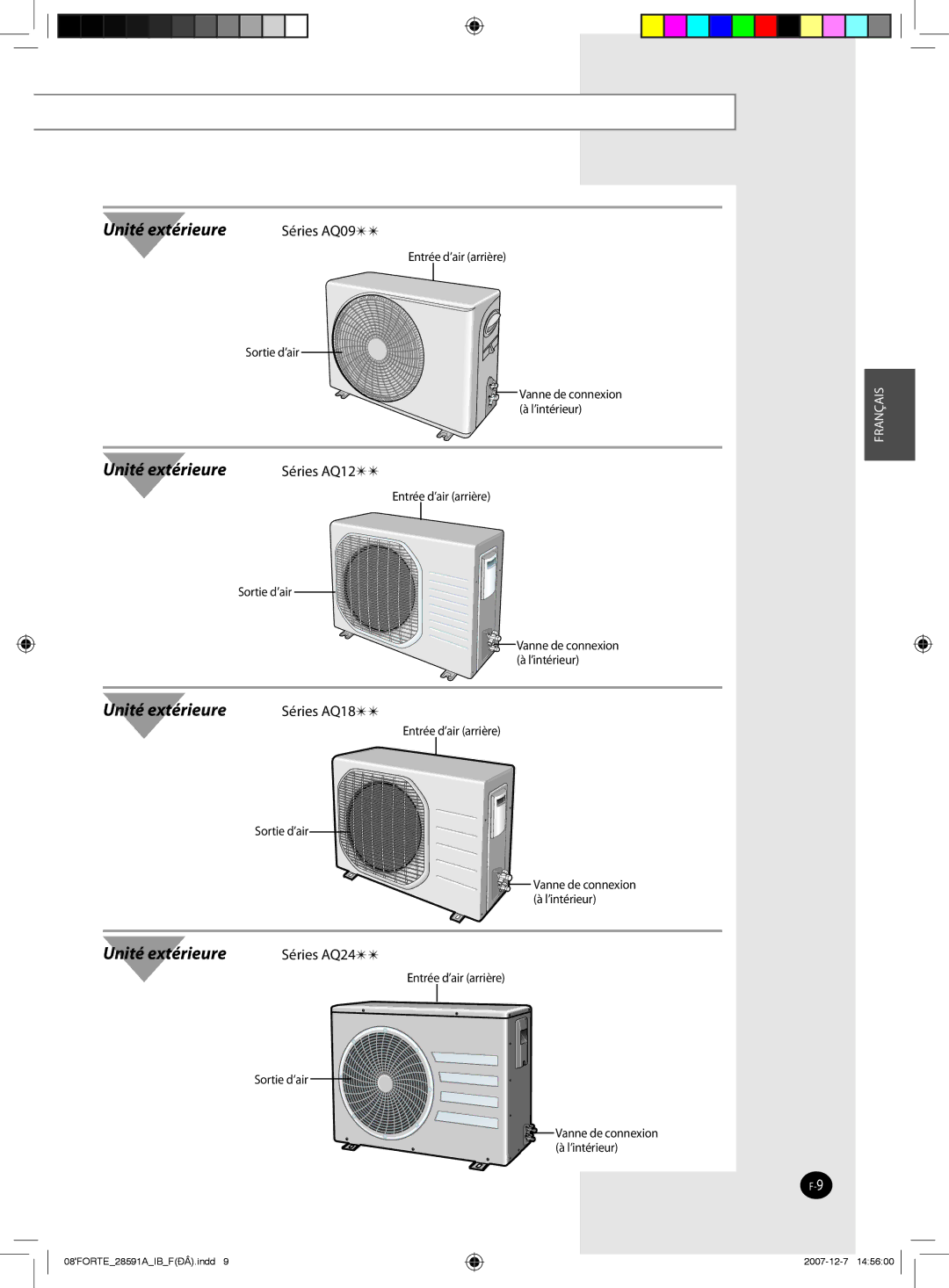 Samsung AQ24NSAN, AQ09NSAN, AQ24FCN, AQ12FCX, AQ09FAN, AQ24FAN, AQ18NSAX, AQ18FCX, AQ09SAX, AQ09NSAX, AQ09FDX manual Unité extérieure 