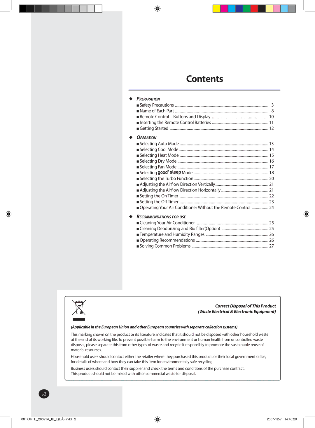 Samsung AQ24FAN, AQ09FAN, AQ12FAN, AQ18FAN, AQ12FBN, AQ12FBX manual Contenuti 