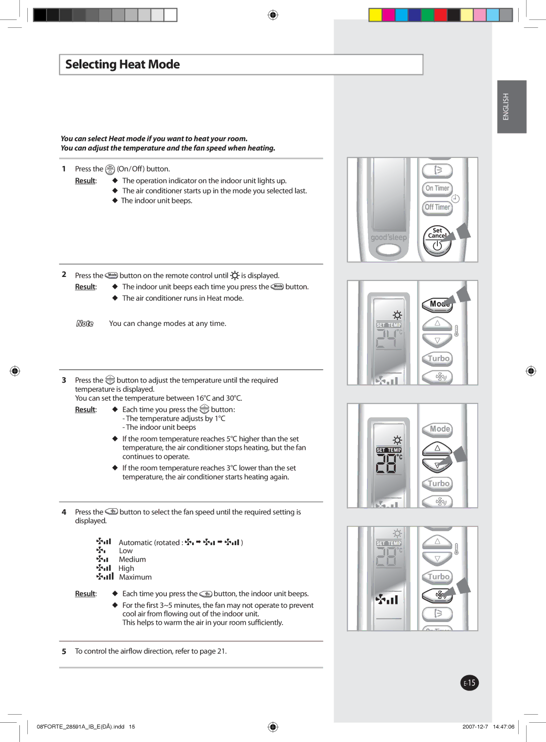 Samsung AQ12NSAN, AQ09NSAN, AQ24FCN, AQ12FCX, AQ09FAN, AQ24FAN, AQ18NSAX, AQ18FCX, AQ09SAX, AQ24NSAN, AQ09NSAX Selecting Heat Mode 