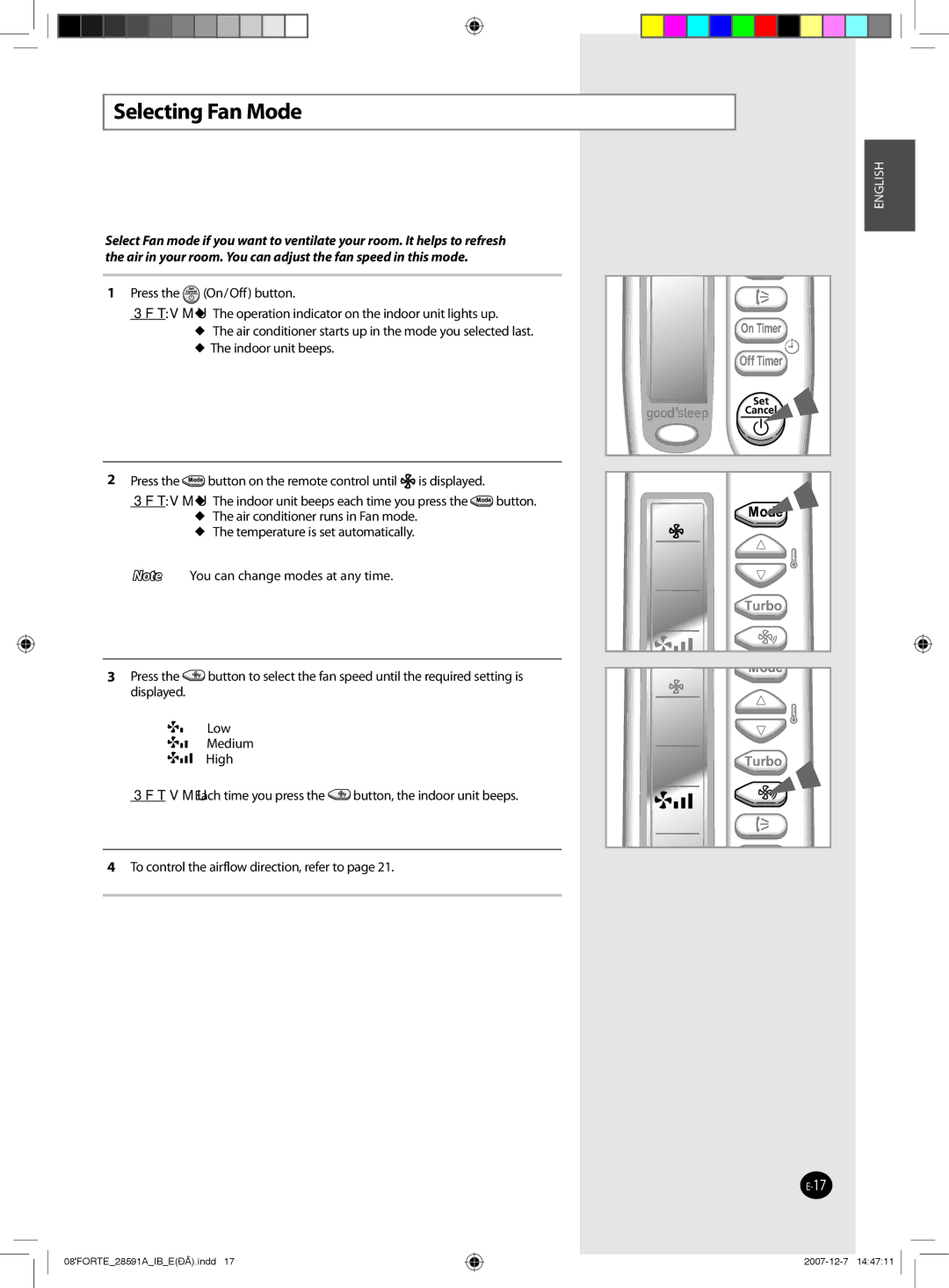 Samsung AQ24FAX, AQ09NSAN, AQ24FCN, AQ12FCX, AQ09FAN, AQ24FAN, AQ18NSAX, AQ18FCX, AQ09SAX, AQ24NSAN, AQ09NSAX Selecting Fan Mode 