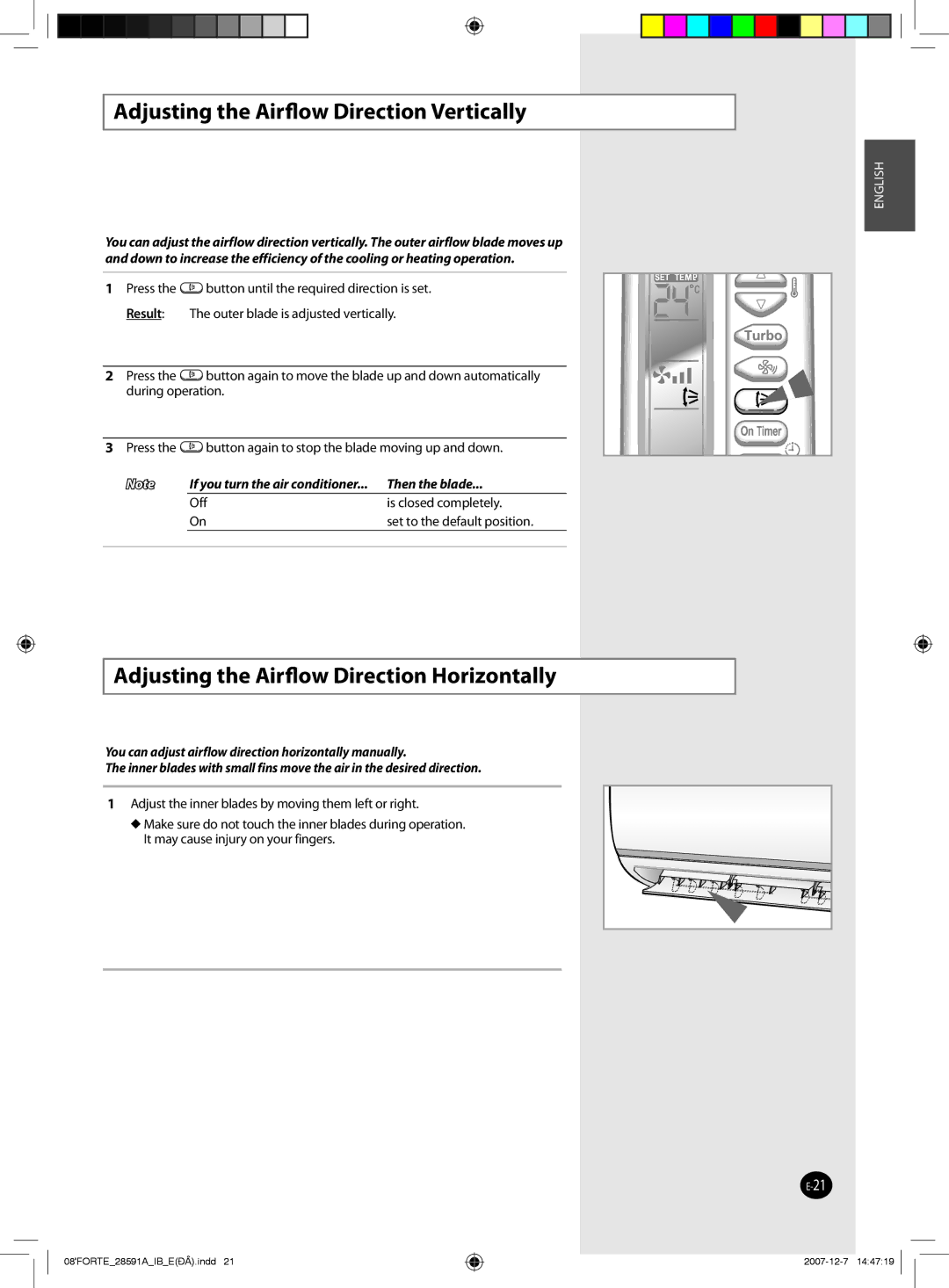 Samsung AQ18FCN, AQ09NSAN, AQ24FCN Adjusting the Airﬂow Direction Vertically, Adjusting the Airﬂow Direction Horizontally 